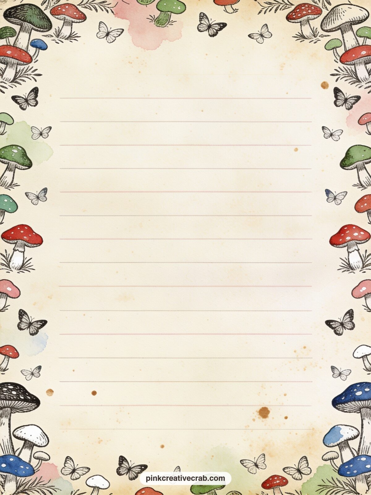 Mushroom and Butterfly Pattern printable page — Small mushrooms and drifting butterflies scatter loosely across the page in the Caterpillar's grove palette.