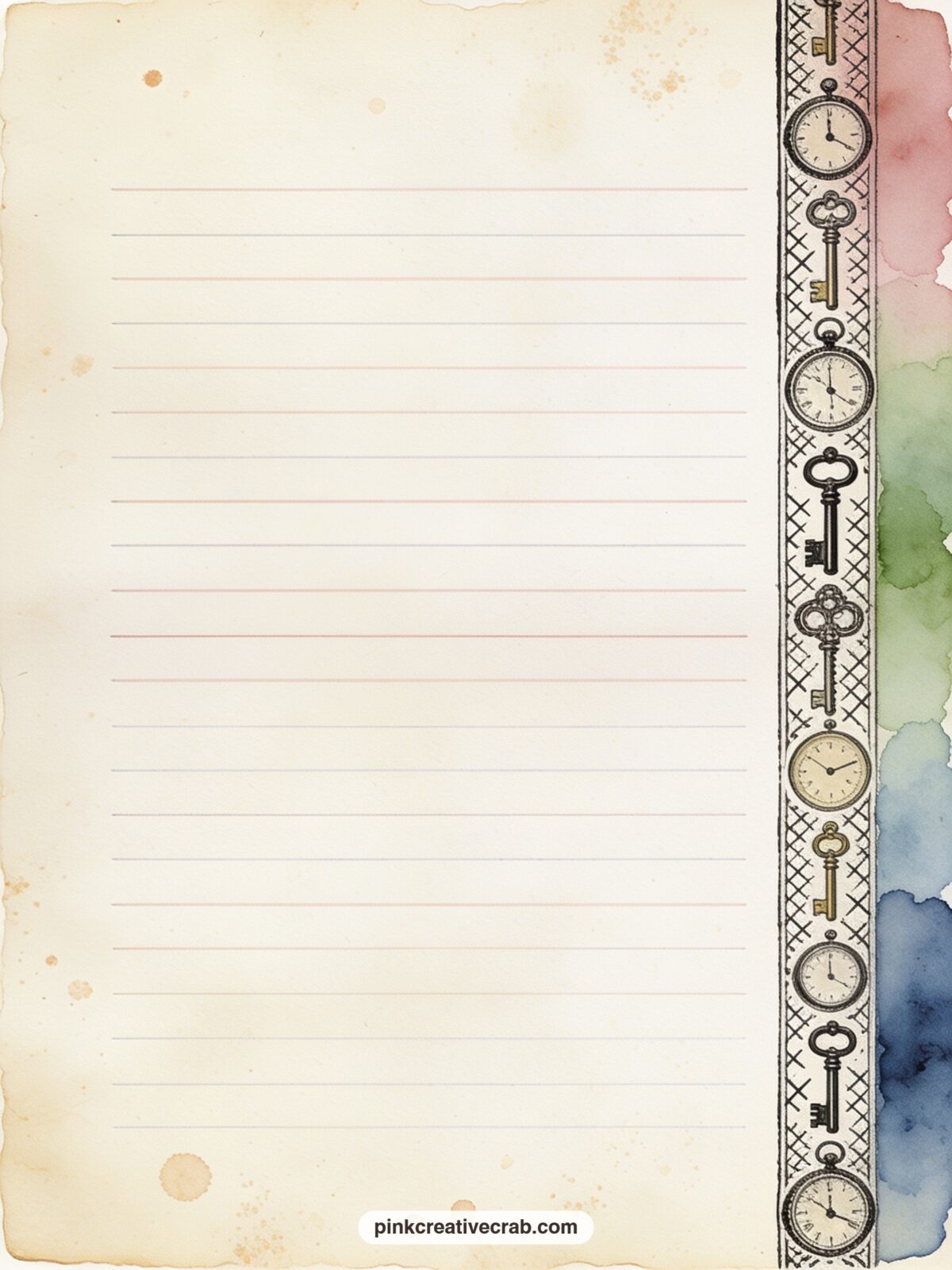 Rabbit Hole Border Lined Page printable page — A narrow border of tumbling keys and clock faces runs down one side of the page. Alice in wonderland junk