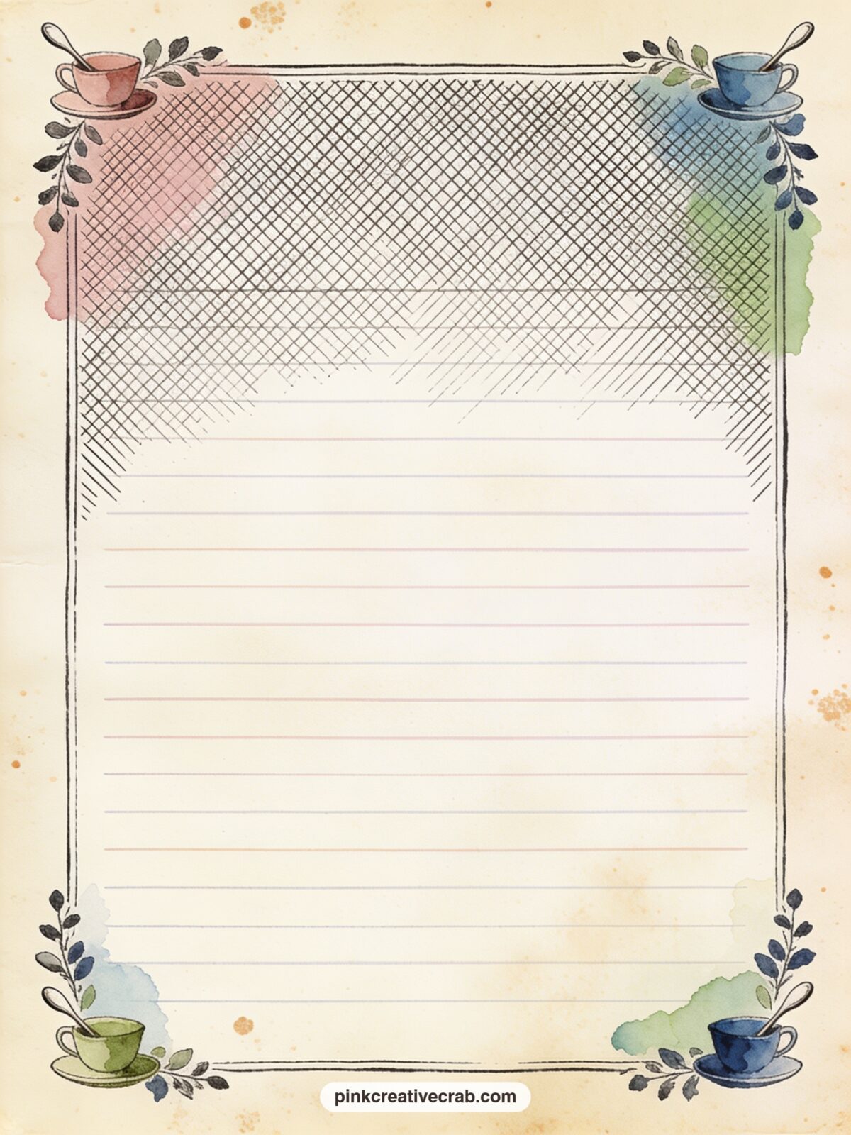 Tea Party Corner Sprays Lined Page printable page — Small teacups and spoons fill each corner of the sheet. Alice in wonderland junk journal ideas