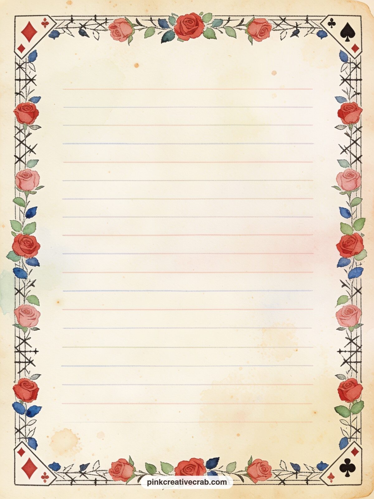 Rose and Playing Card Frame Lined Page printable page — A thin frame of red roses and playing card corners runs around the edge of the sheet. Alice in