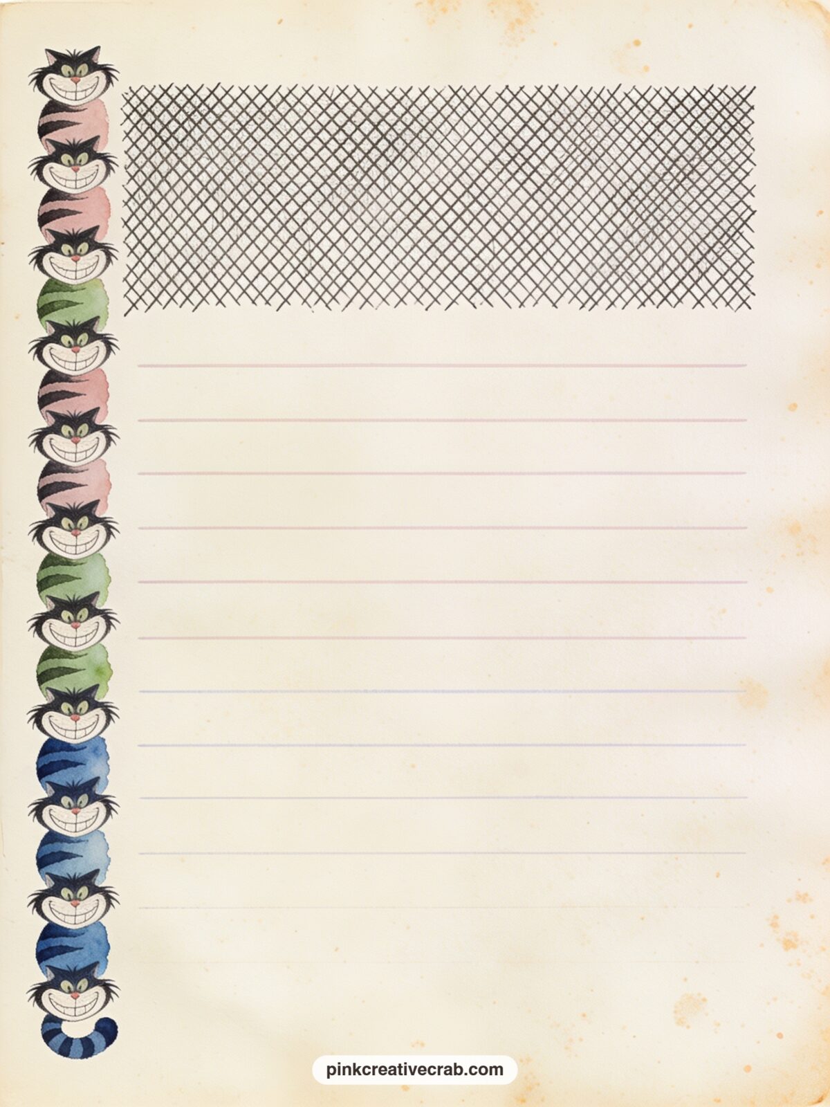 Cheshire Cat Grin Band Lined Page printable page — A narrow band of small grinning cat faces runs down the left side of the sheet. Alice in wonderland junk