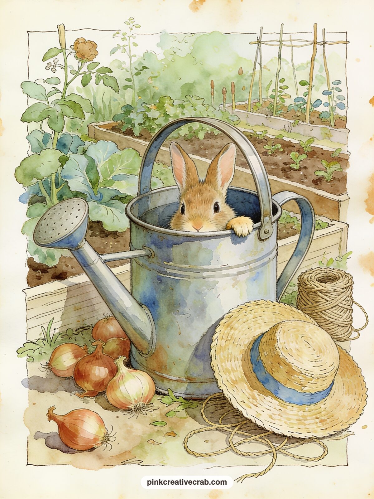 Peter Hiding In The Watering Can printable page — Pair this page with the Carrots and Garden Tools pattern later in this set: use the pattern as a facing page