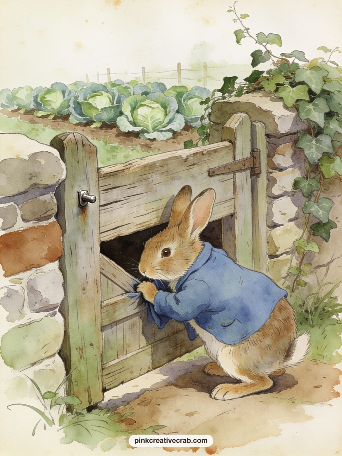 Peter At The Garden Gate printable page — Peter squeezes under the old wooden gate with his blue jacket catching on a nail, the garden wall and a row of