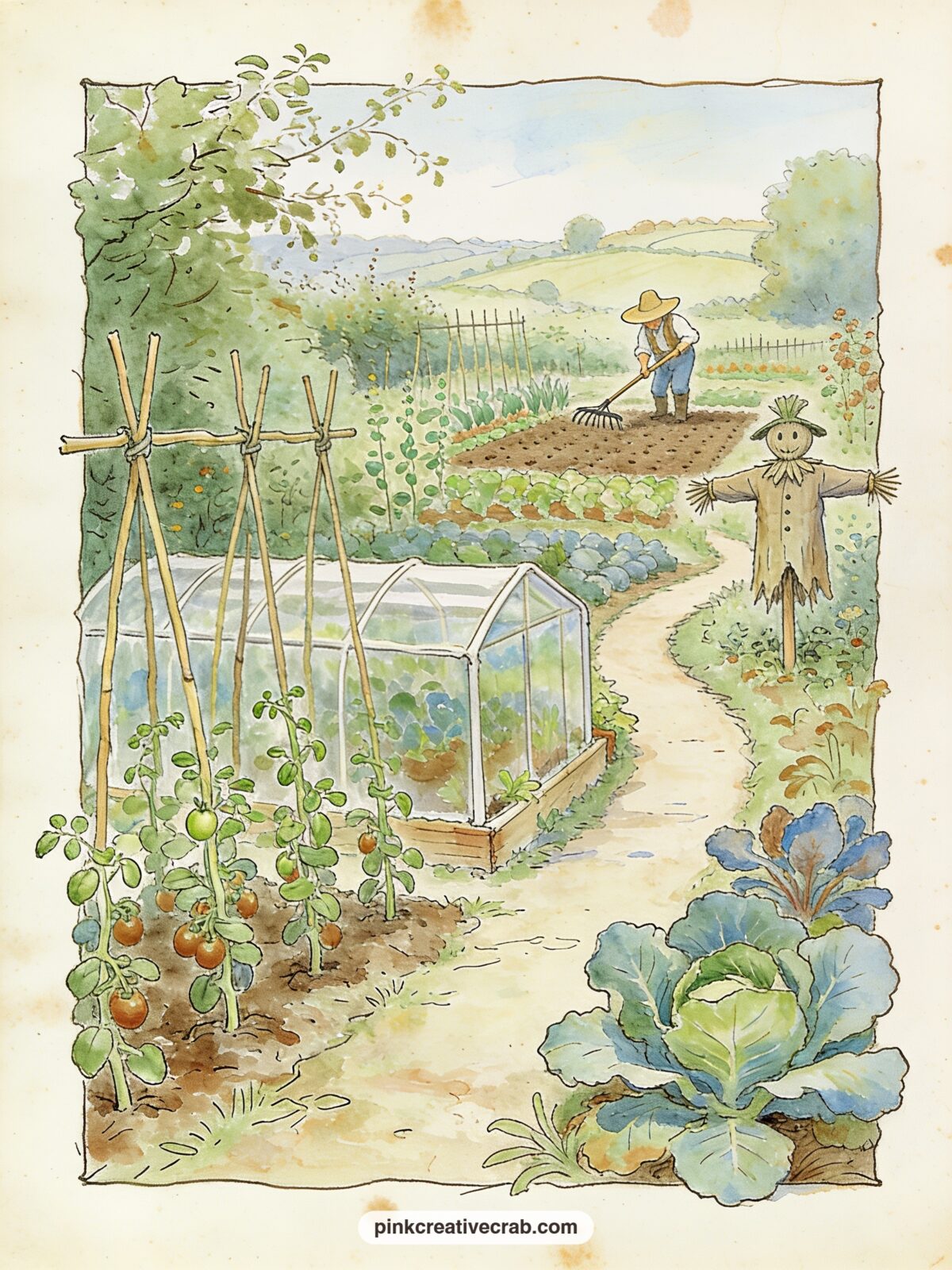 Mr McGregor With His Rake printable page — The usual mistake here is making Mr McGregor the whole page, which turns a Beatrix Potter scene into a plain