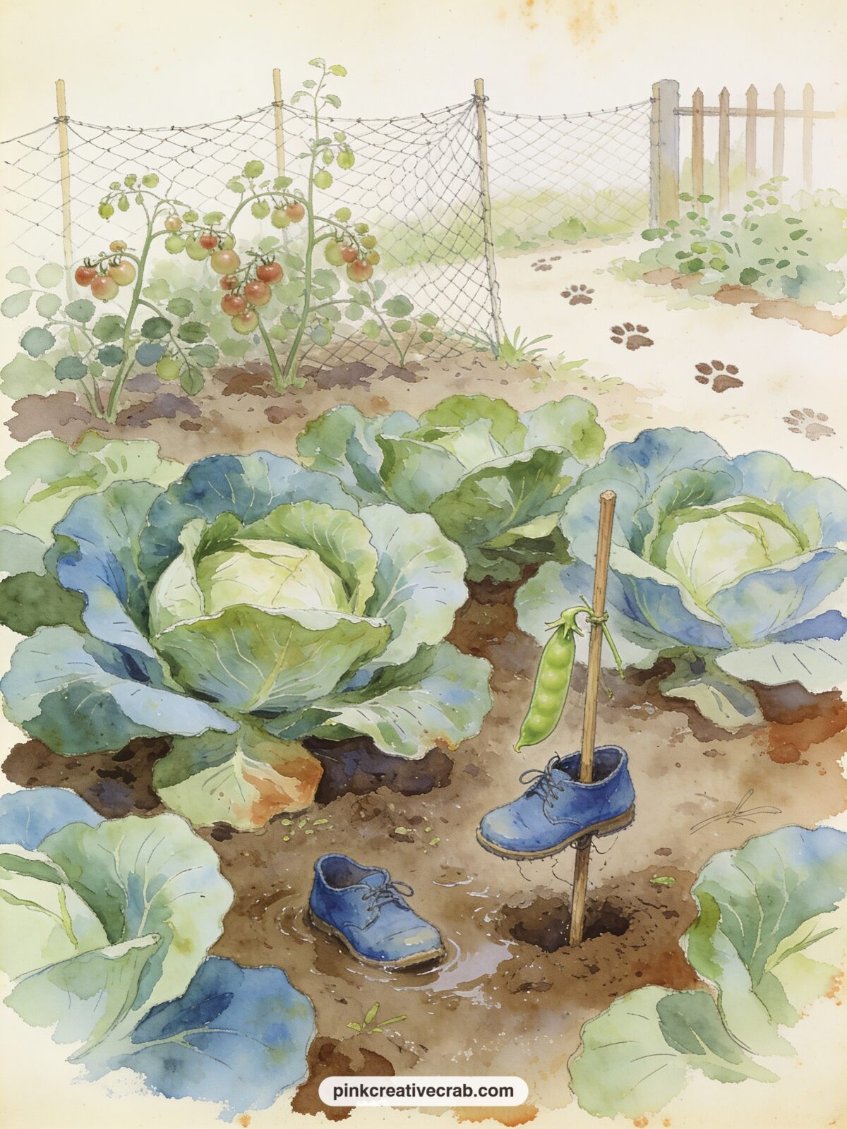 Peter Losing His Shoes printable page — One small blue shoe sits stuck in the cabbage patch mud and the other hangs from a pea stick, with Peter's bare paw