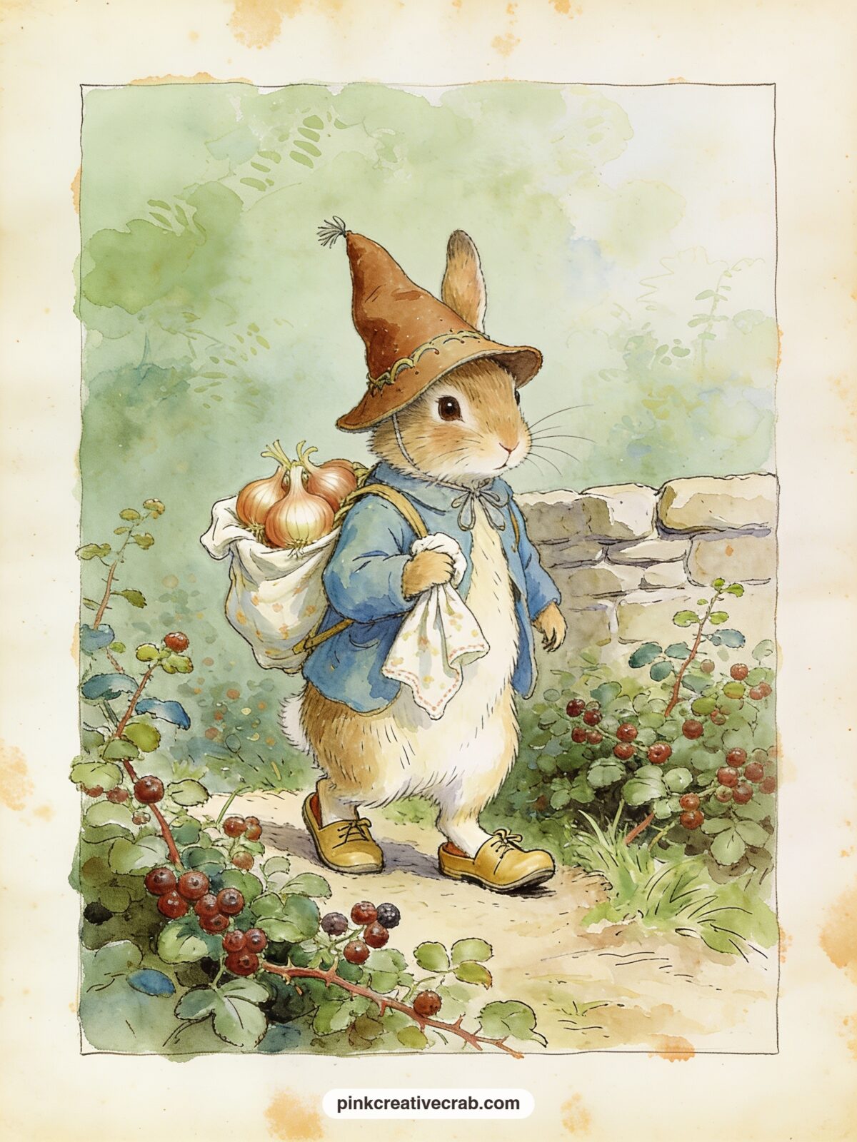 Benjamin Bunny In His Tam O Shanter printable page — Benjamin Bunny stands proudly in his tam-o'-shanter and clogs, a handkerchief bundle of onions over one