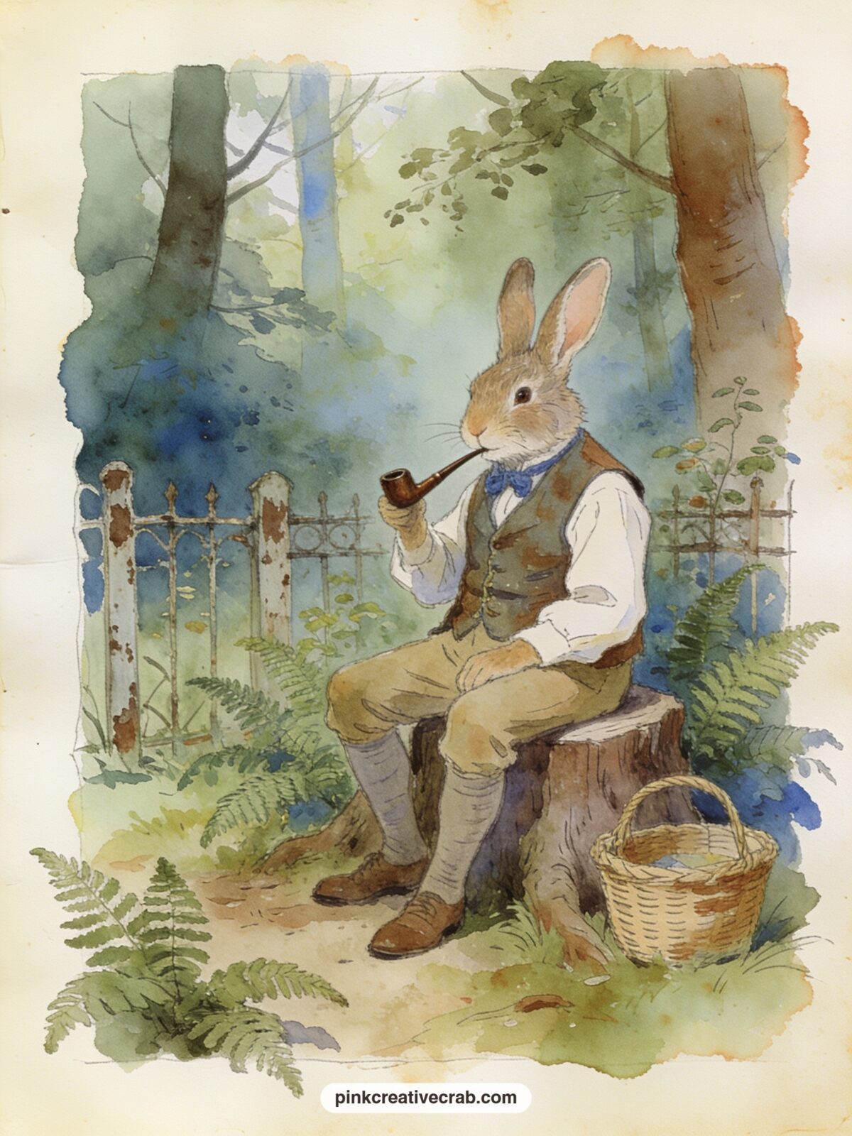 Old Mr Bunny Smoking His Pipe printable page — For the five minute version, trace only the outline of Old Mr Bunny and his pipe smoke, skip the background
