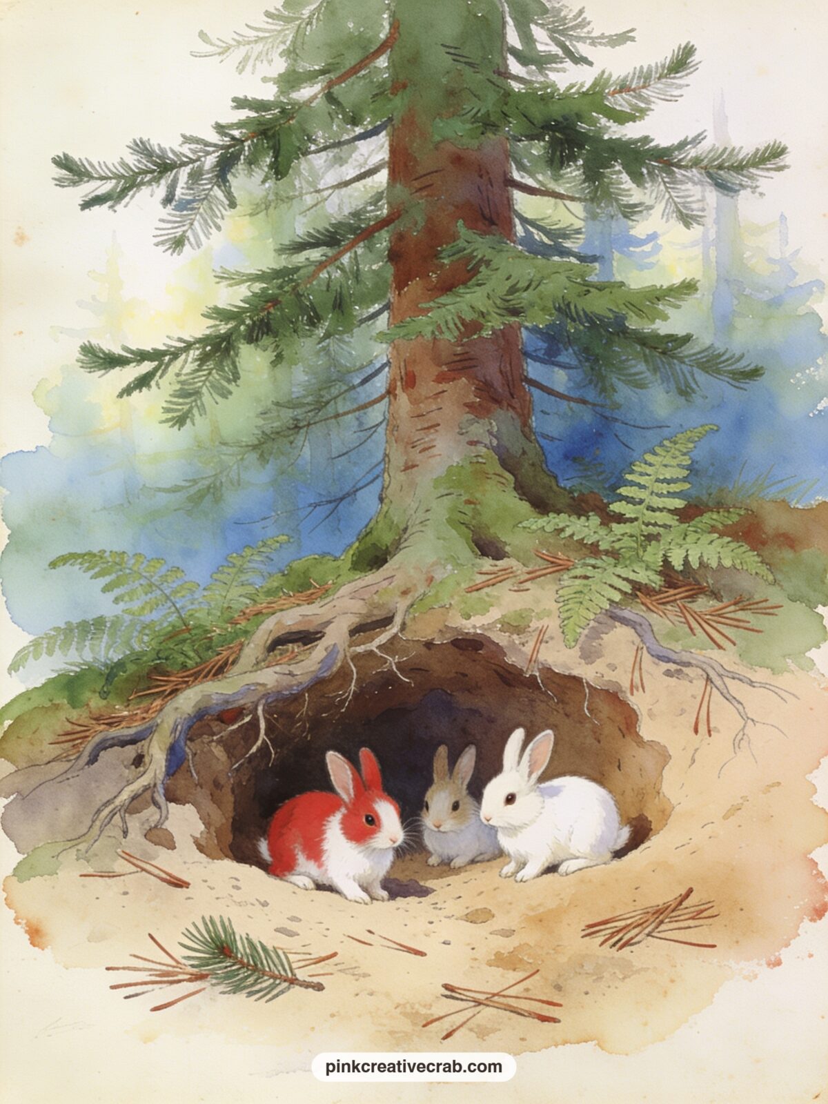 The Rabbit Children Under The Fir Tree printable page — Four small rabbits burrow at the base of a tall fir tree, their sandy home half hidden by roots, ferns