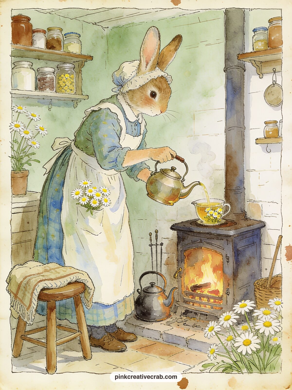 Mrs Rabbit Pouring Camomile Tea printable page — Mrs Rabbit pours camomile tea by the hearth while a kettle warms and Peter sits wrapped in a blanket on a low