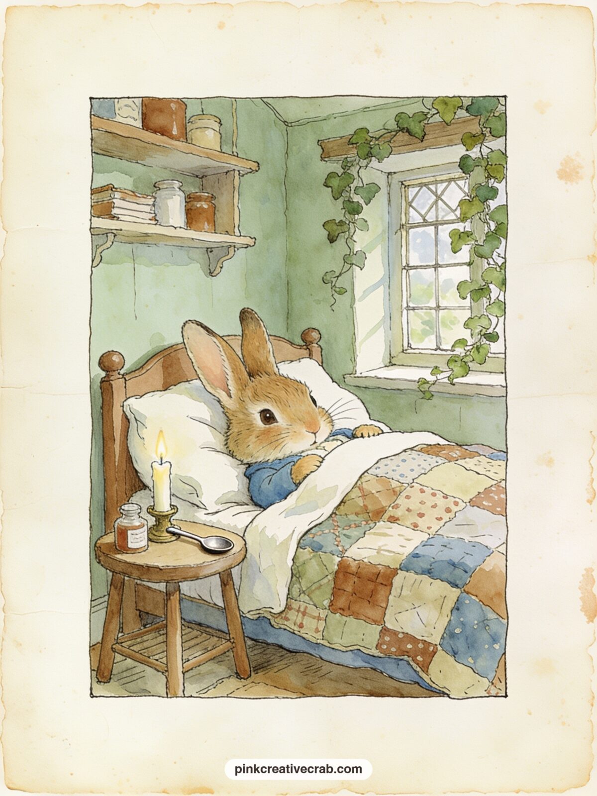 Peter Tucked Into Bed printable page — Glue a small folded paper note under the quilt corner, a line Mrs Rabbit might have left for Peter, so the page holds a