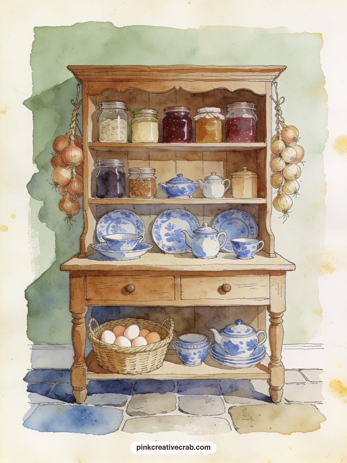 The Rabbit Kitchen Dresser printable page — Jars of jam, strings of onions and a row of blue and white china line the kitchen dresser, with a basket of eggs