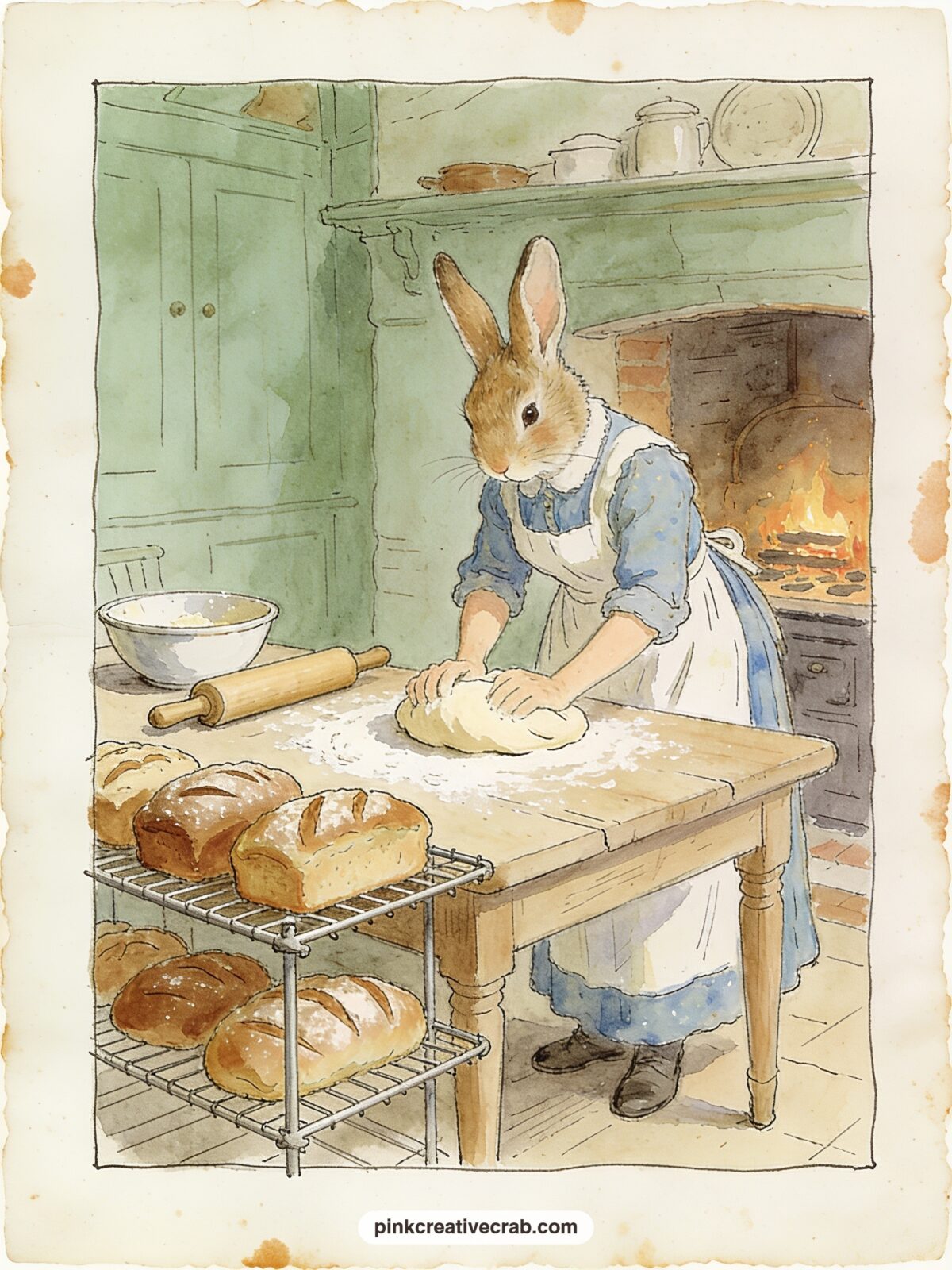 Mrs Rabbit Baking Bread printable page — Flour dust still sits on the table when you glue this one in, so pair it with the lined Recipe Keeping page later in