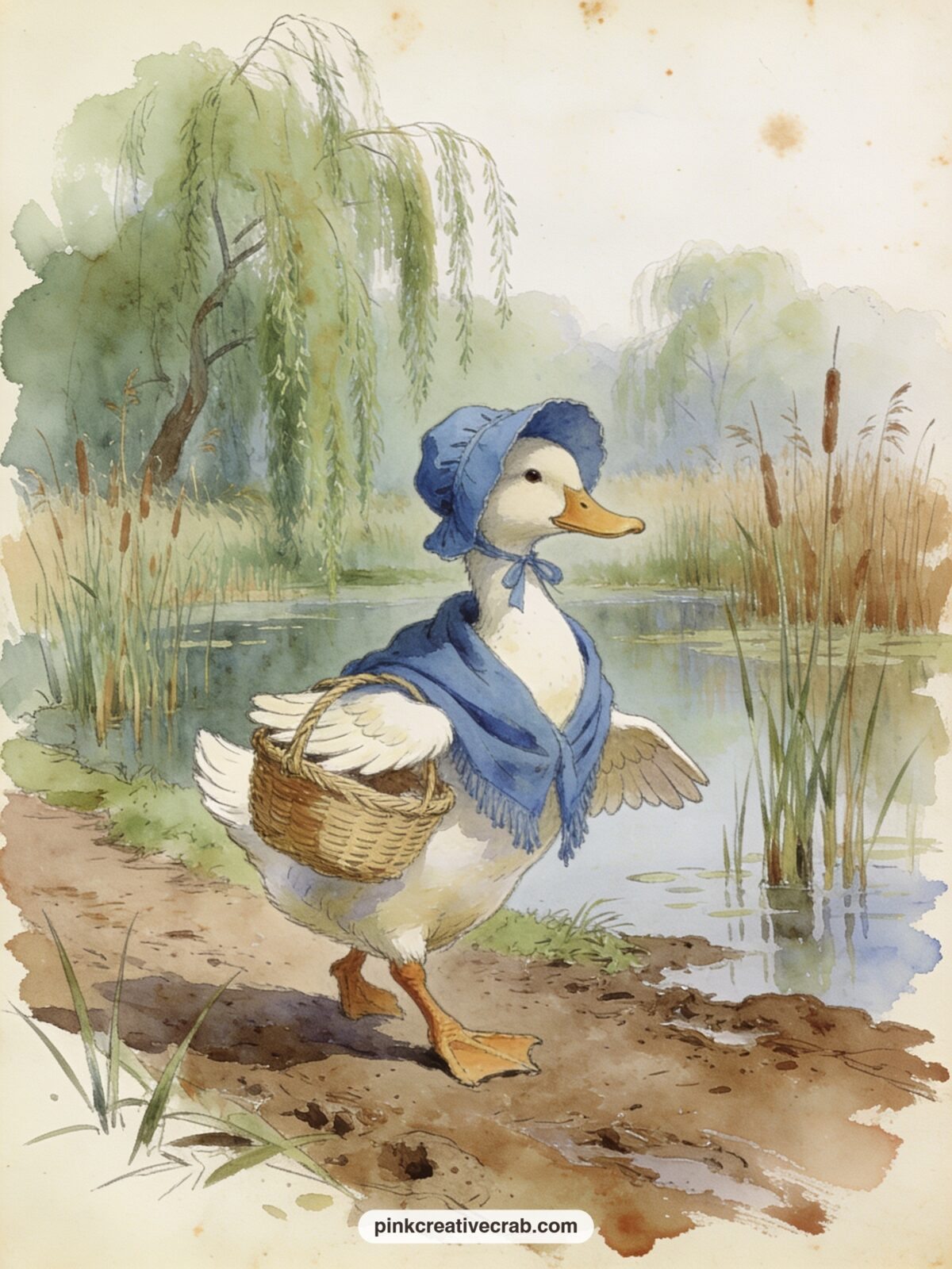 Jemima Puddle Duck In Her Bonnet printable page — Jemima Puddle-Duck waddles along a muddy path in her blue bonnet and shawl, a basket over one wing, past a