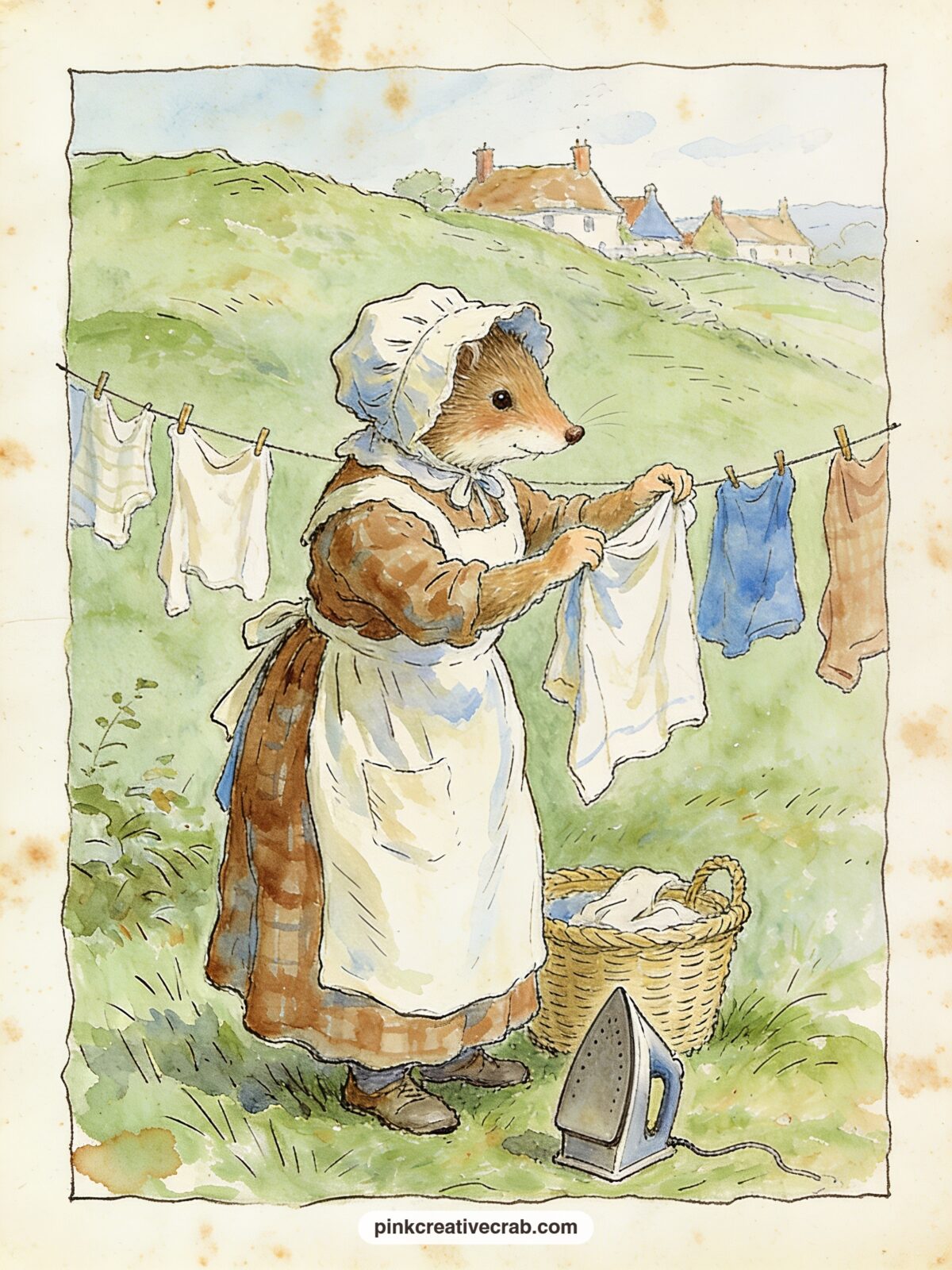 Mrs Tiggy Winkle At The Washing Line printable page — The usual mistake with a washing line page is leaving the background bare behind the clothes. Peter