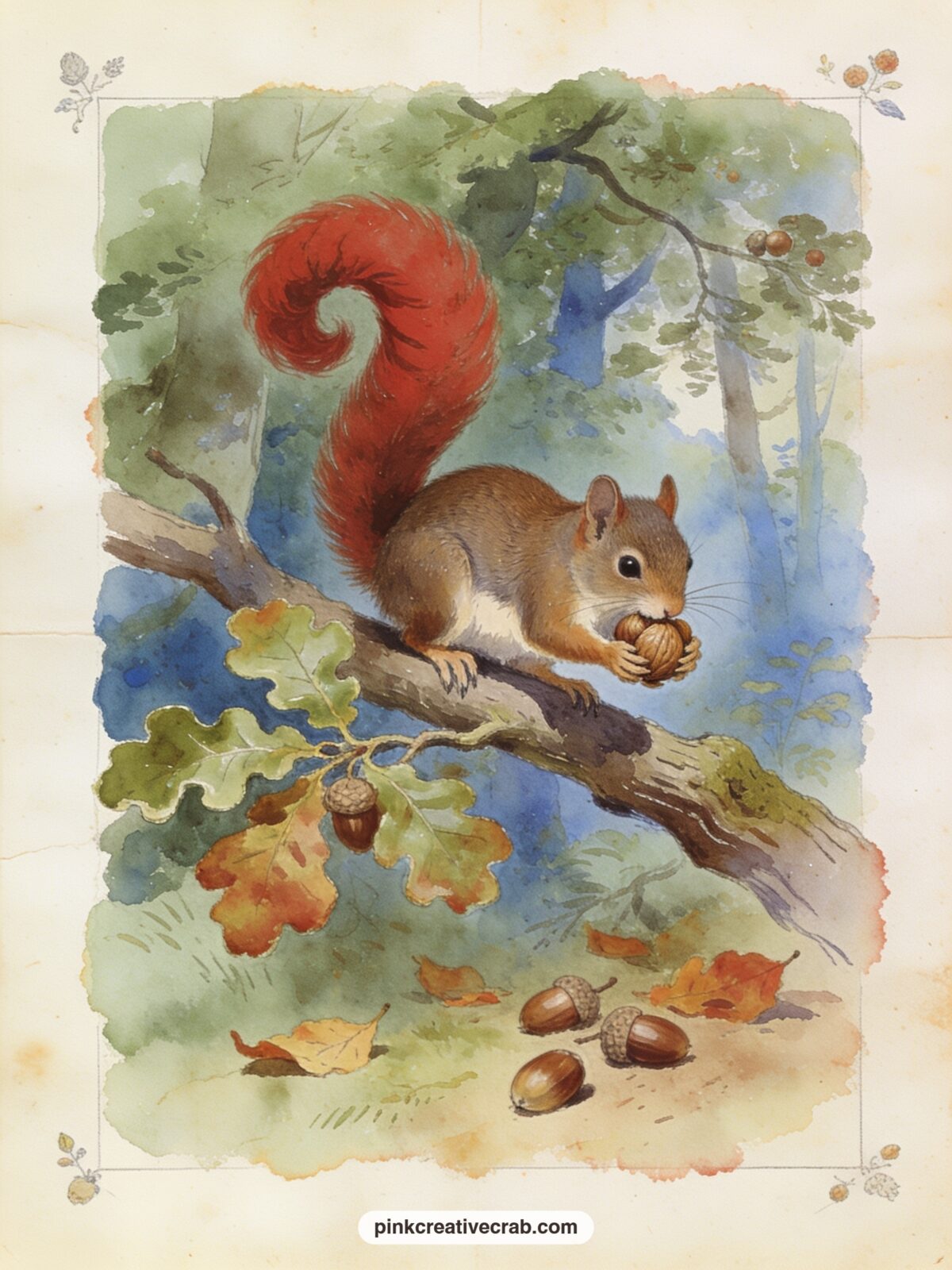 Squirrel Nutkin Gathering Nuts printable page — Squirrel Nutkin perches on an old oak branch gathering nuts, his red tail curled high, with acorns and fallen