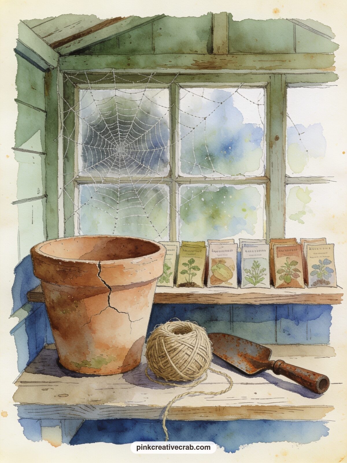 Mr McGregor's Potting Shed printable page — A cracked terracotta pot, a ball of twine, a rusted trowel and a row of seed packets fill the shelf inside Mr