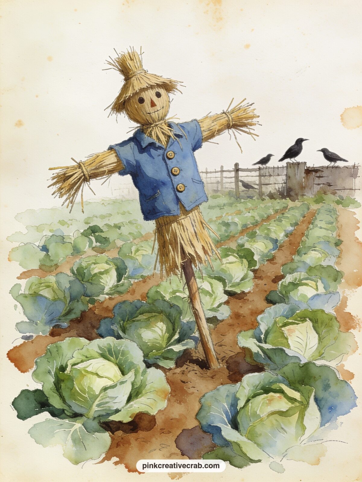 Peter's Blue Jacket On The Scarecrow printable page — A scarecrow wears Peter's lost blue jacket over its straw frame, buttons still fastened, standing crooked