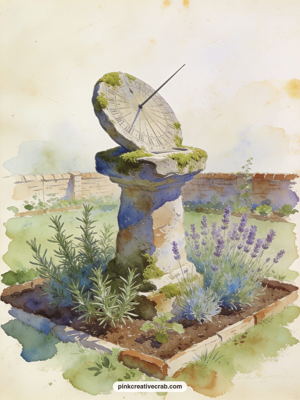 The Old Garden Sundial printable page — Moss creeps over a stone sundial standing at the centre of a quiet herb bed, rosemary and lavender growing close around