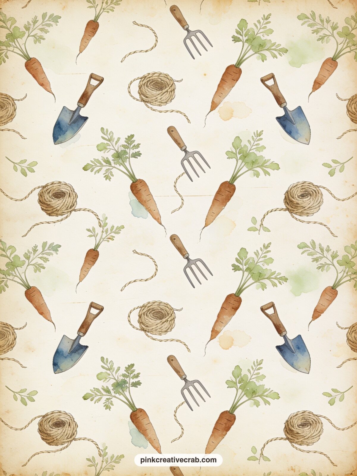Carrots And Garden Tools Pattern printable page — Carrots, trowels and twine spools scatter across this one in soft repeat, good under a photo of your own