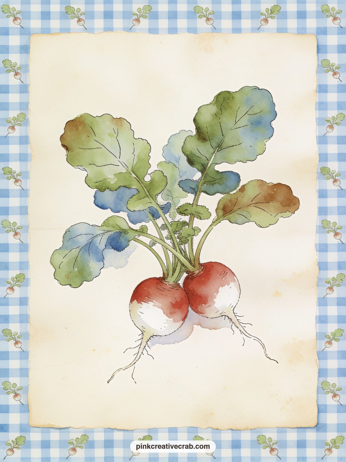 Blue Gingham Garden Pattern printable page — A soft gingham check in Peter's jacket blue sits behind a scatter of tiny radish leaves, suited to a cover, a