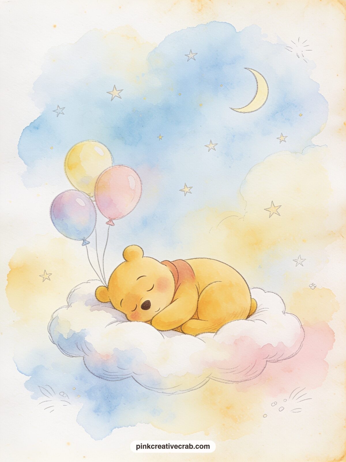 Pooh Asleep On A Cloud printable page — Pooh naps on a soft cloud while a cluster of pastel balloons drifts beside him, with a sprinkle of small stars and a