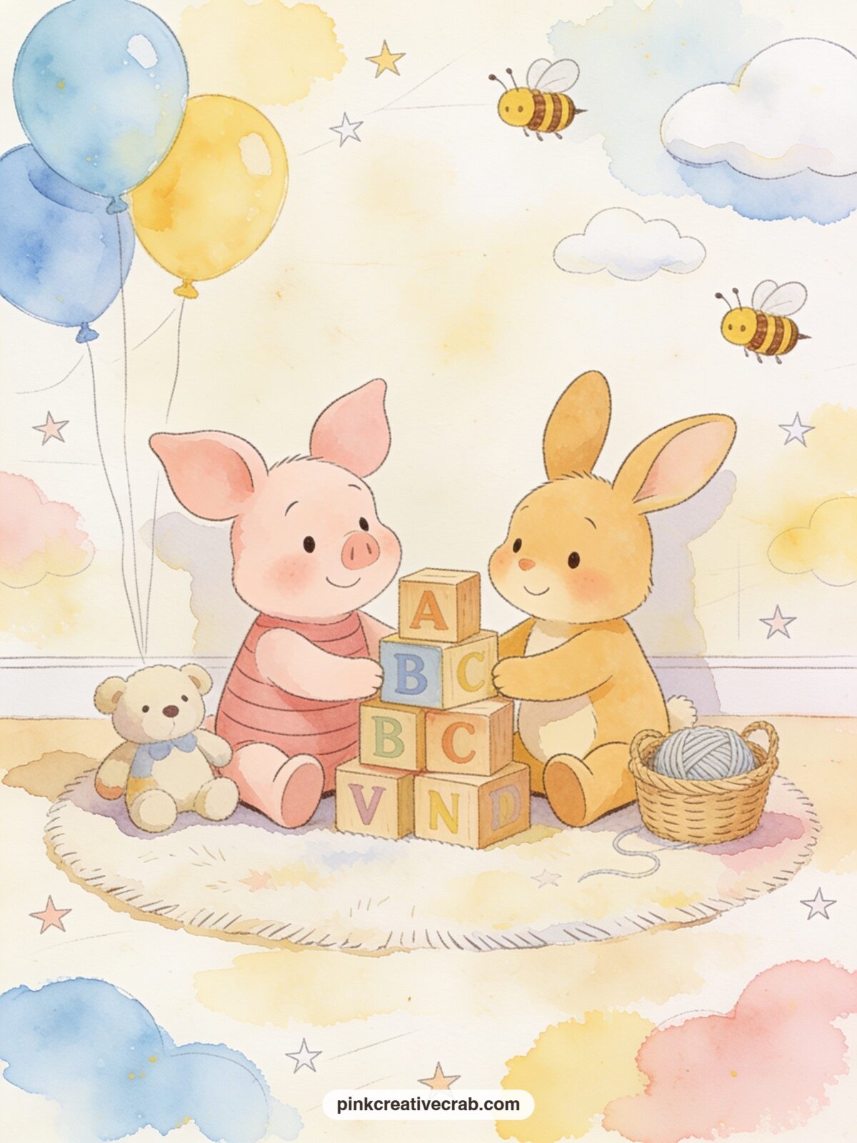 Piglet And Roo With Blocks printable page — Stacking blocks spilled across a nursery rug make the perfect spot for a note about the first time your little one