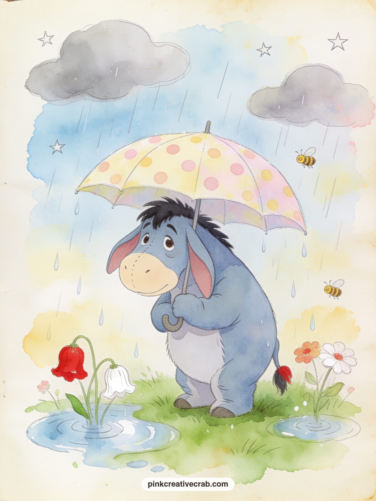 Eeyore Under A Rain Umbrella printable page — Pair this one with the stars and honey bee pattern page later in the set, tucking that background behind it as a