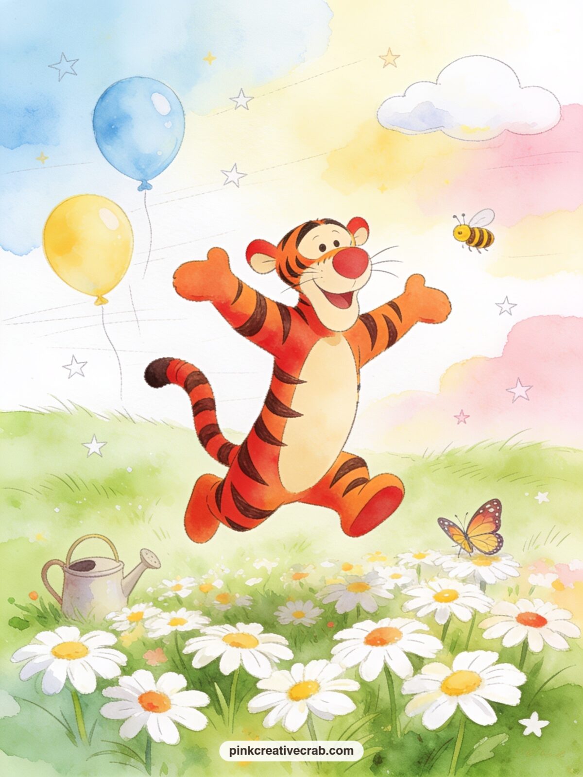 Tigger Bouncing Over Daisies printable page — Tigger springs through a patch of daisies with a trail of petals lifting behind him, while a small butterfly and