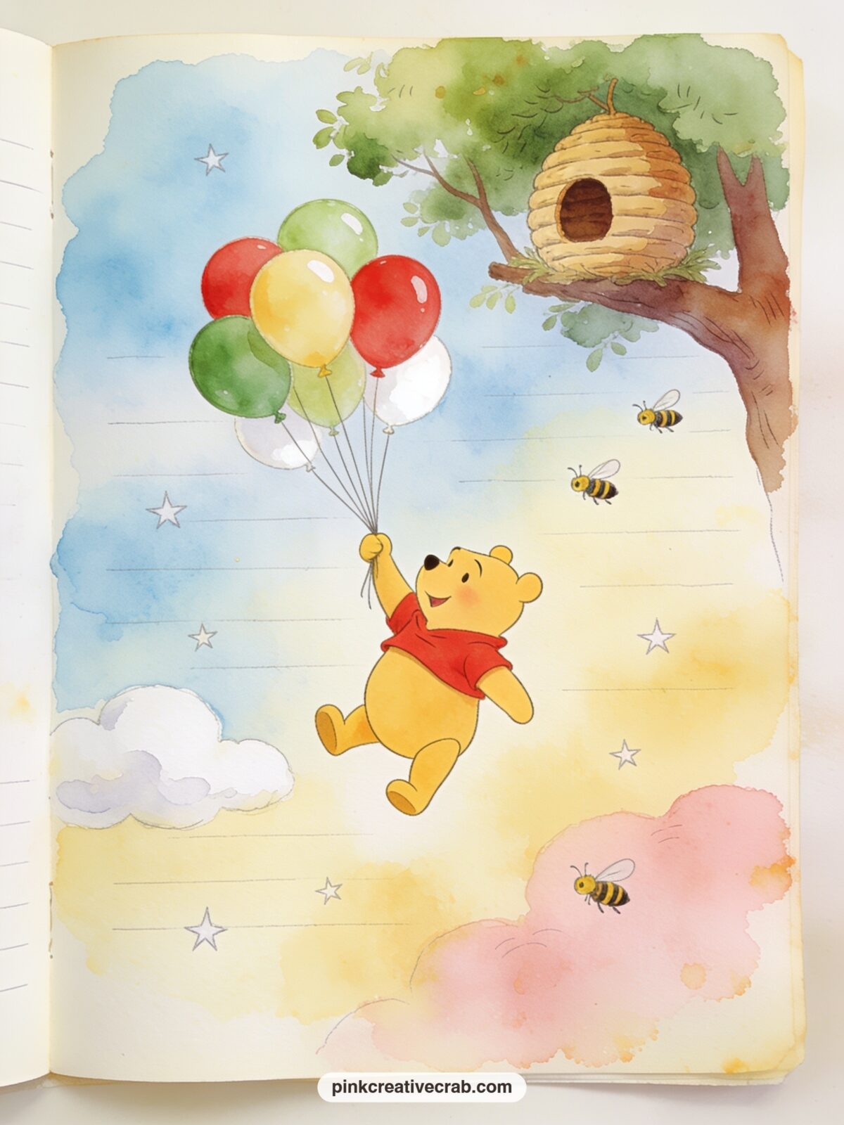 Pooh Floating To The Beehive printable page — The usual mistake with this page is gluing it flat against a busy neighbor, which buries the open sky; give it a
