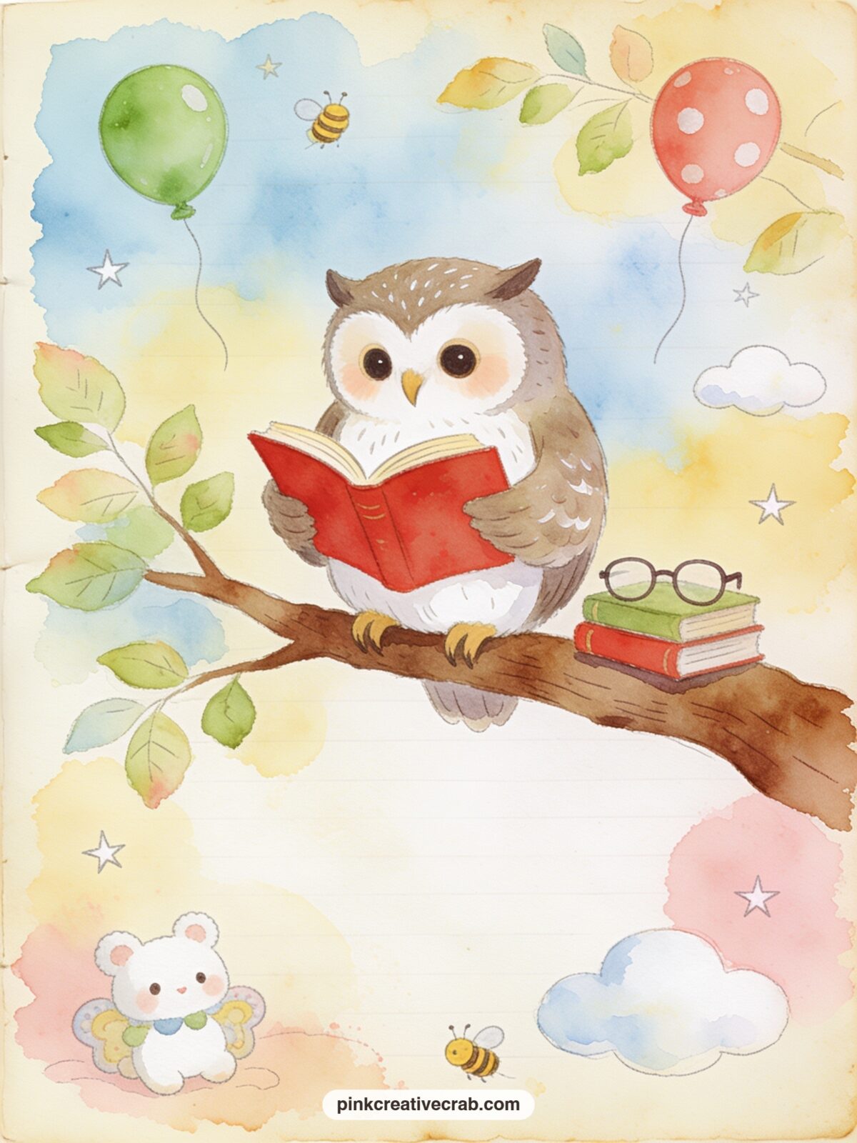 Owl Reading A Storybook printable page — Owl perches on a branch with an open storybook, a pair of reading glasses and a small stack of books tucked beside