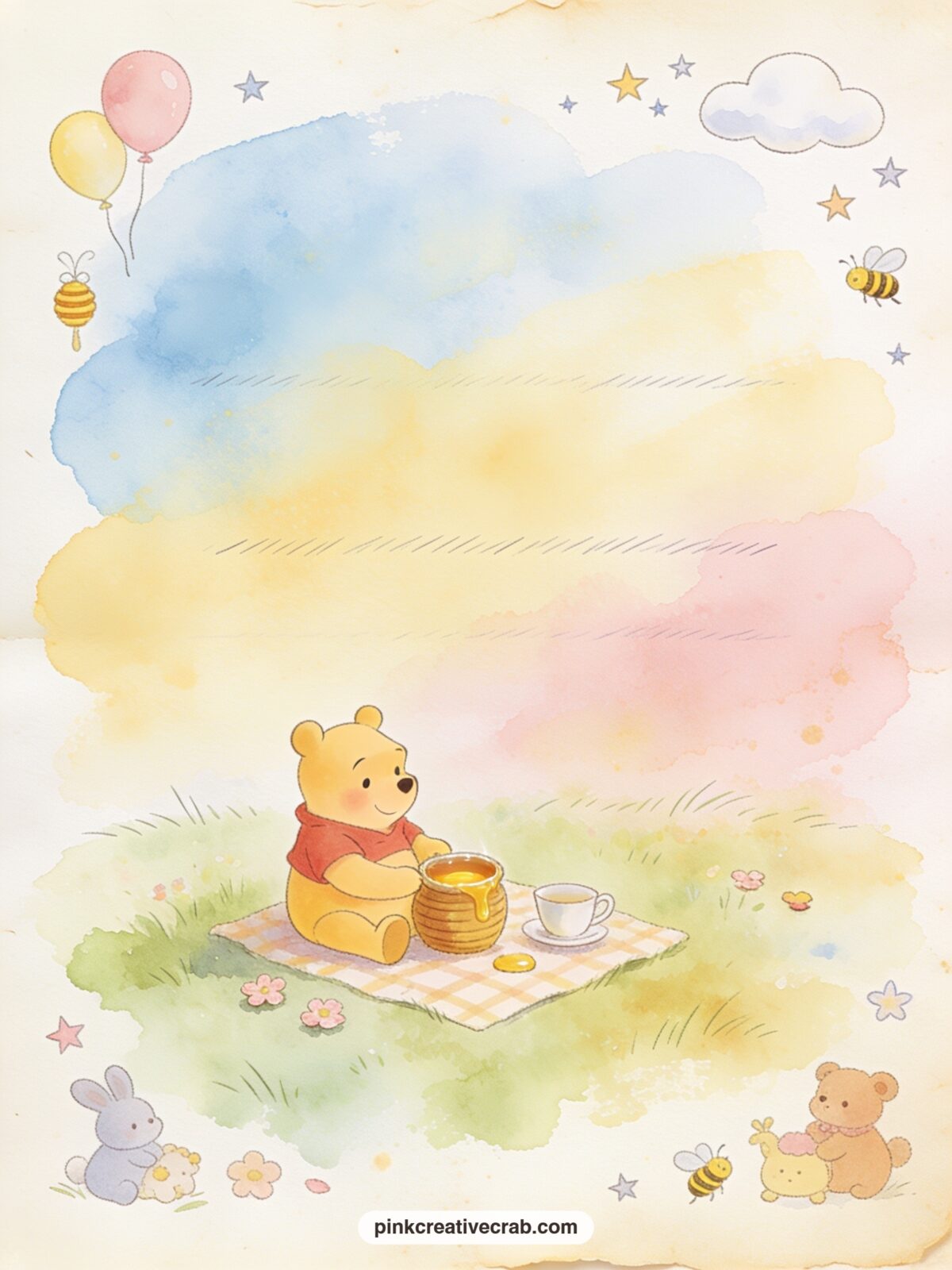 Pooh At The Honey Pot Picnic printable page — A short five minute version works here too: glue the page in as is and skip any extra writing, since the honey