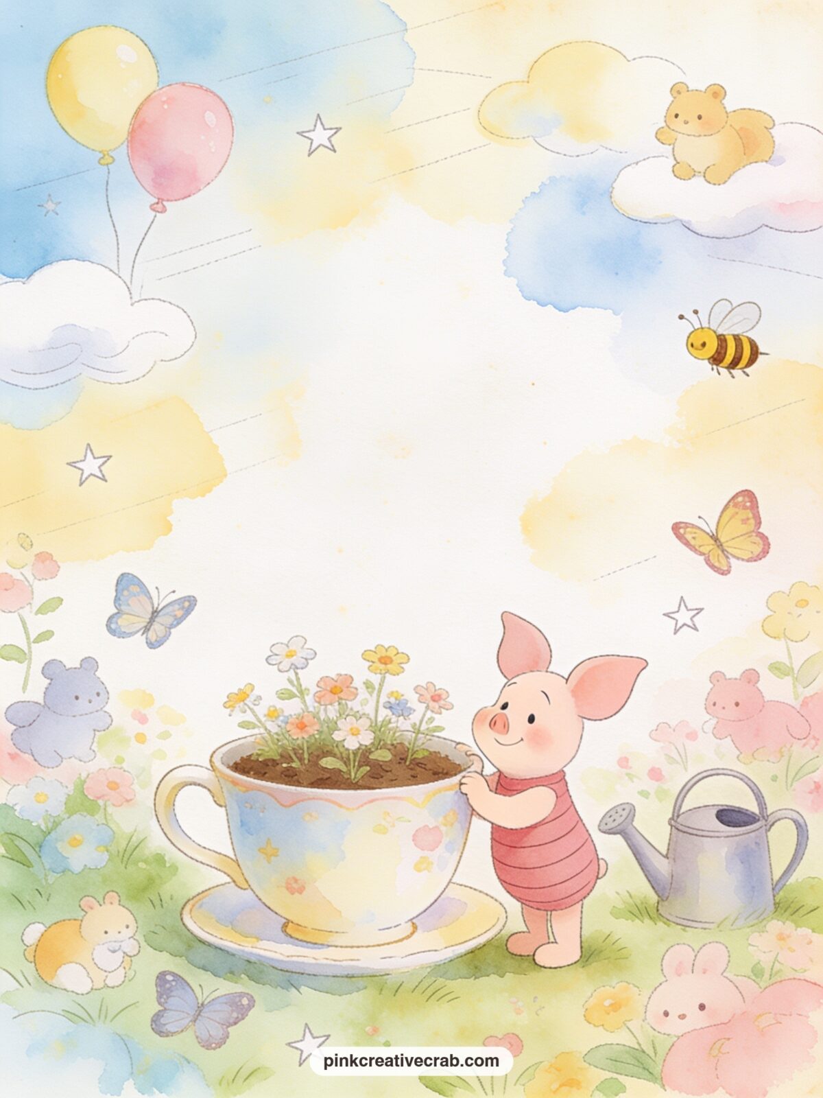 Piglet's Teacup Garden printable page — This page welcomes a pressed flower or a small photo tucked at its base, since the open teacup and garden border leave