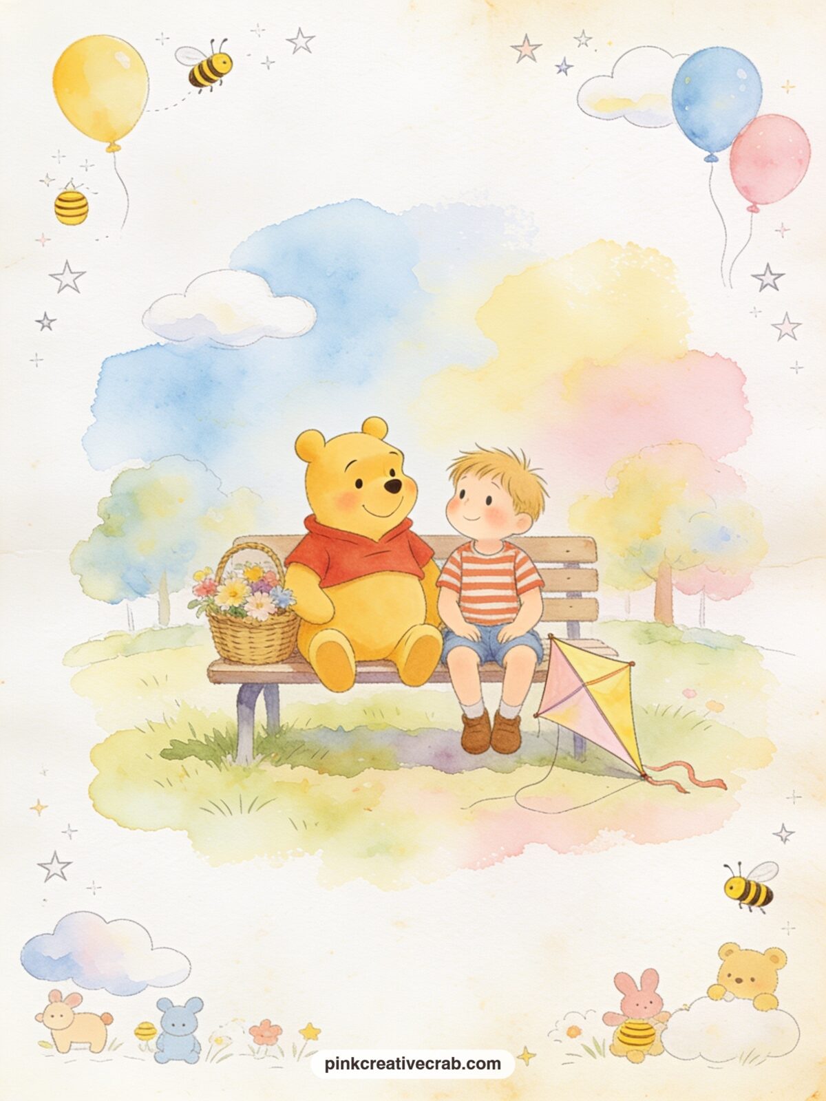 Pooh And Christopher Robin On A Bench printable page — A bench scene like this one suits a grandparent's journal especially well, since it pairs naturally with