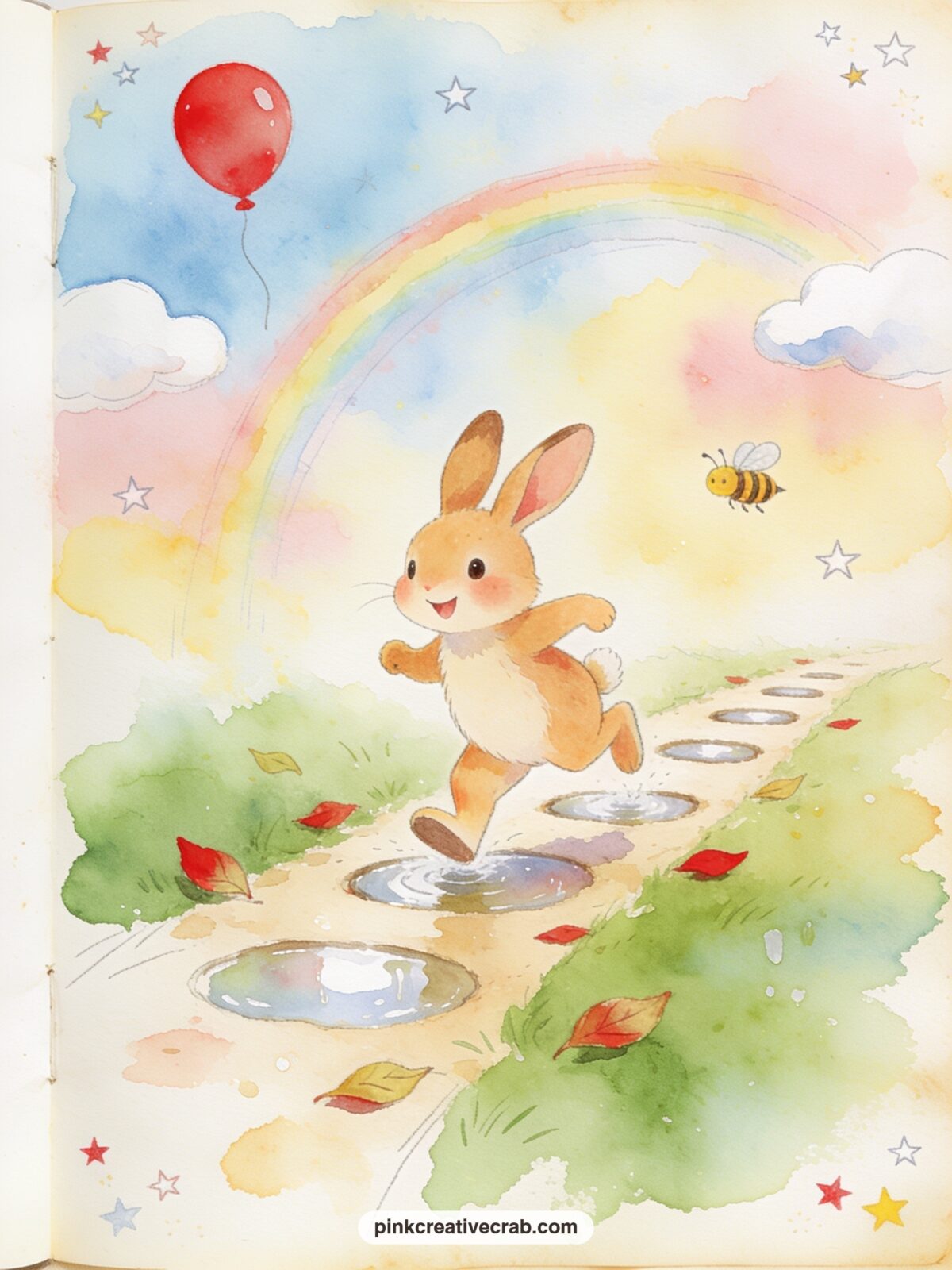 Roo Hopping Through Puddles printable page — Roo splashes through a row of small puddles after the rain, with a rainbow arcing faintly overhead and a few wet