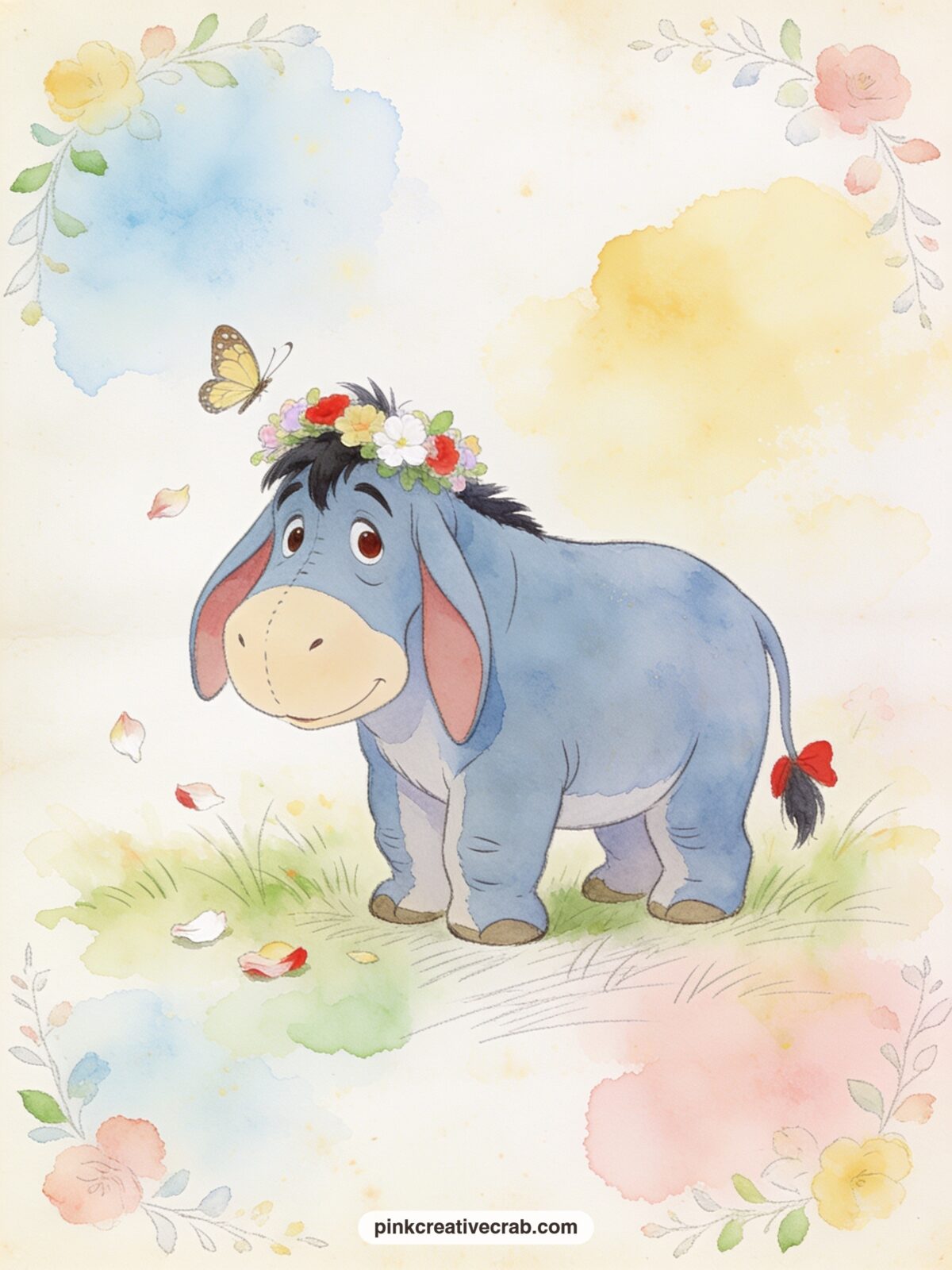 Eeyore's Flower Crown printable page — What is the gentlest thing anyone has done for your family this year, write that question along the border and let the