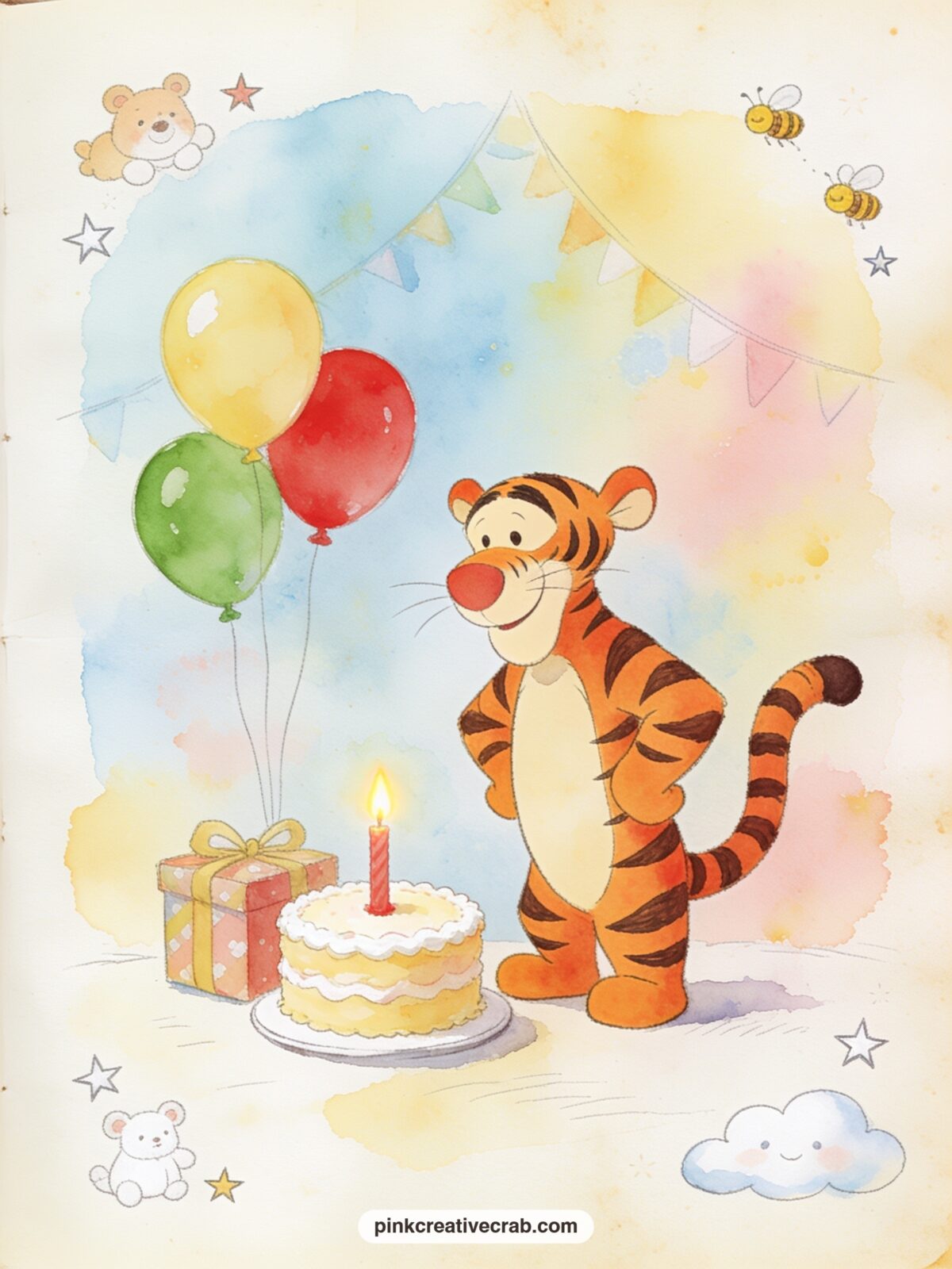Tigger's First Birthday Cake printable page — Keep this page for a milestone spread near the back of the journal, since a small cake with a single candle