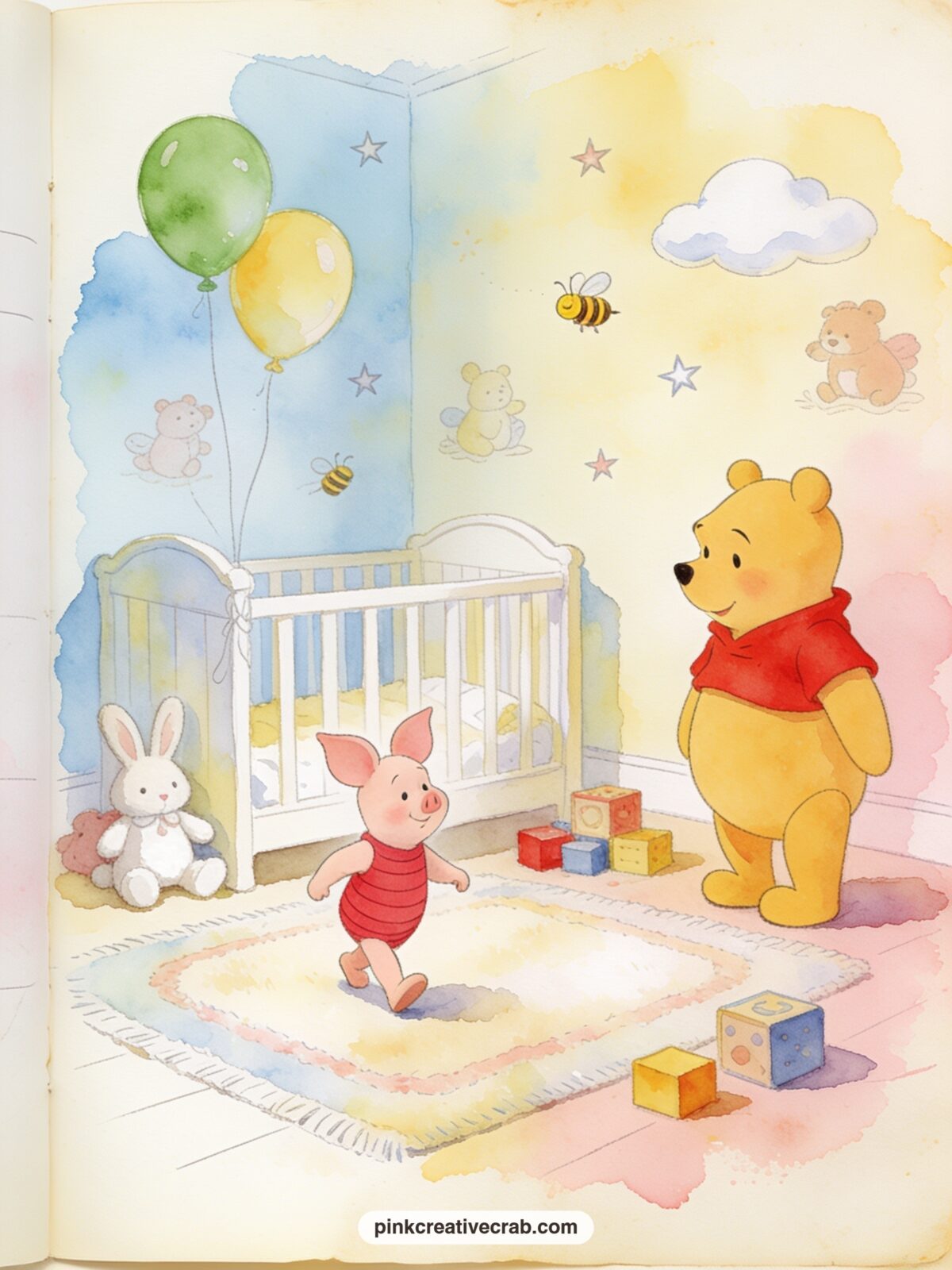 Piglet's First Steps printable page — Piglet takes a few wobbly steps across a soft rug while Pooh watches nearby, with a scattering of toy blocks and a