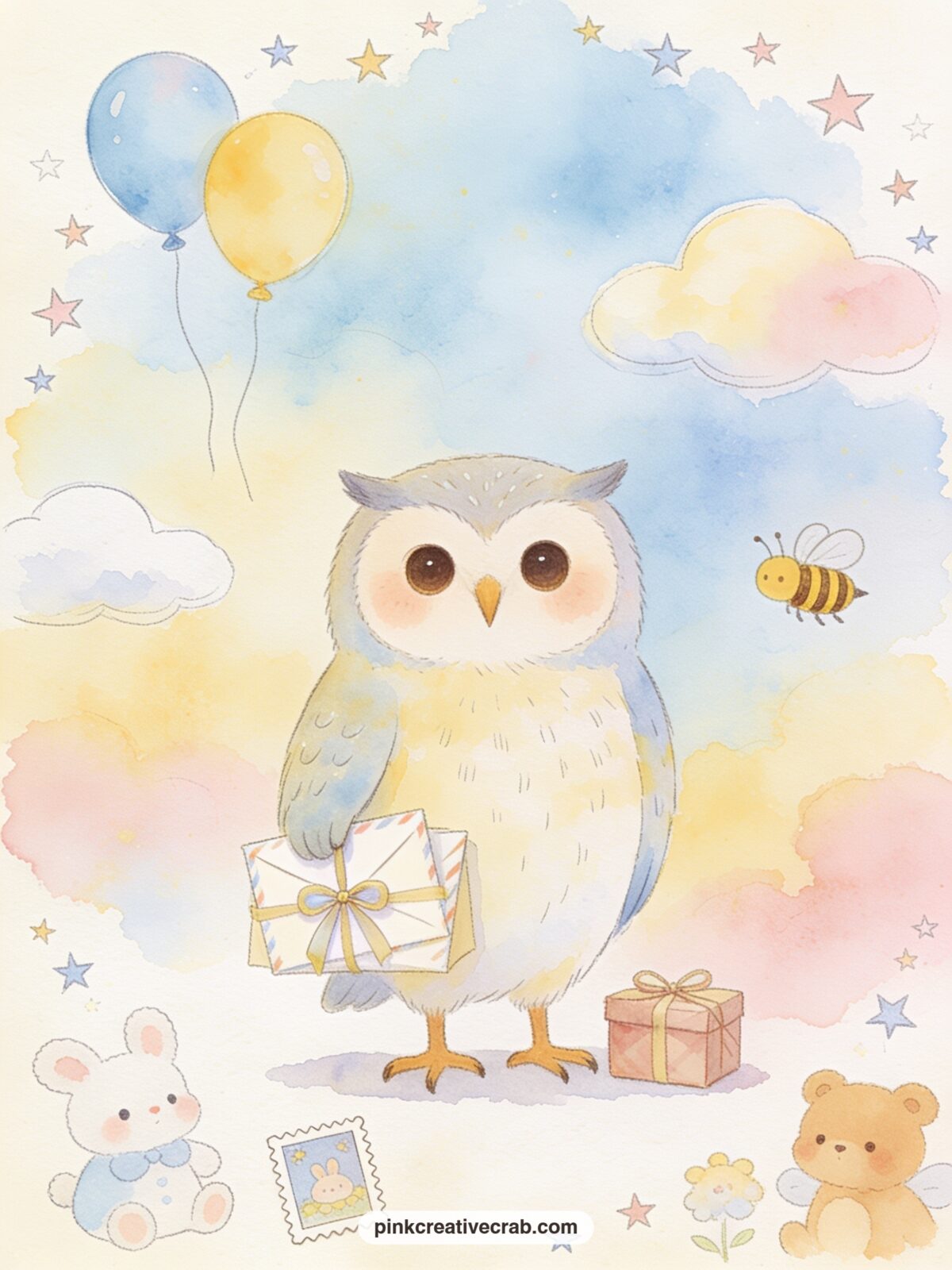 Owl Delivering The Mail printable page — Owl arrives with a small bundle of letters tied in ribbon, a stamp and a tiny parcel resting at his feet, the whole