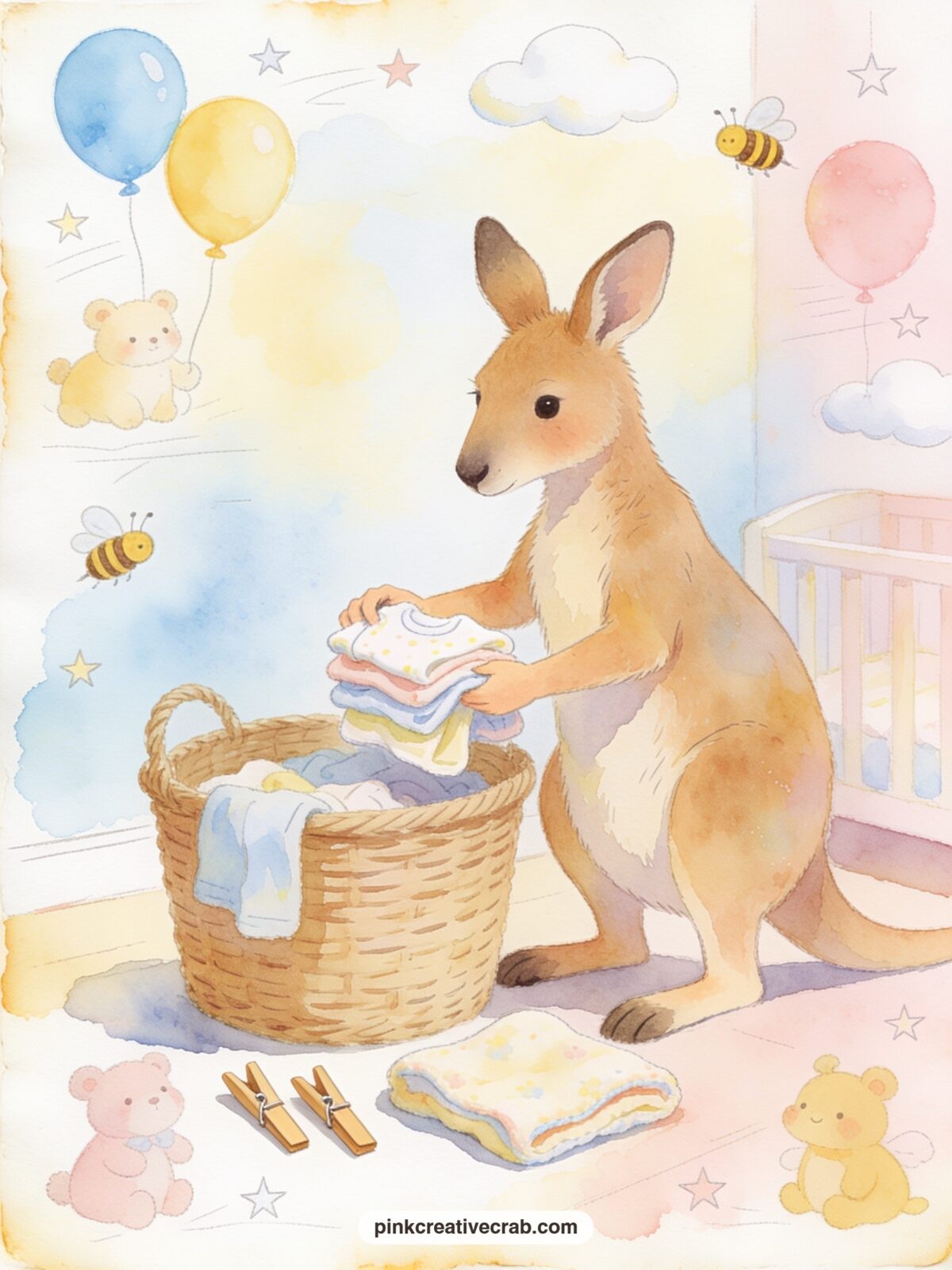 Kanga Folding Tiny Clothes printable page — A note about a first outfit or a hand knit blanket fits naturally here, since Kanga folding tiny clothes beside a