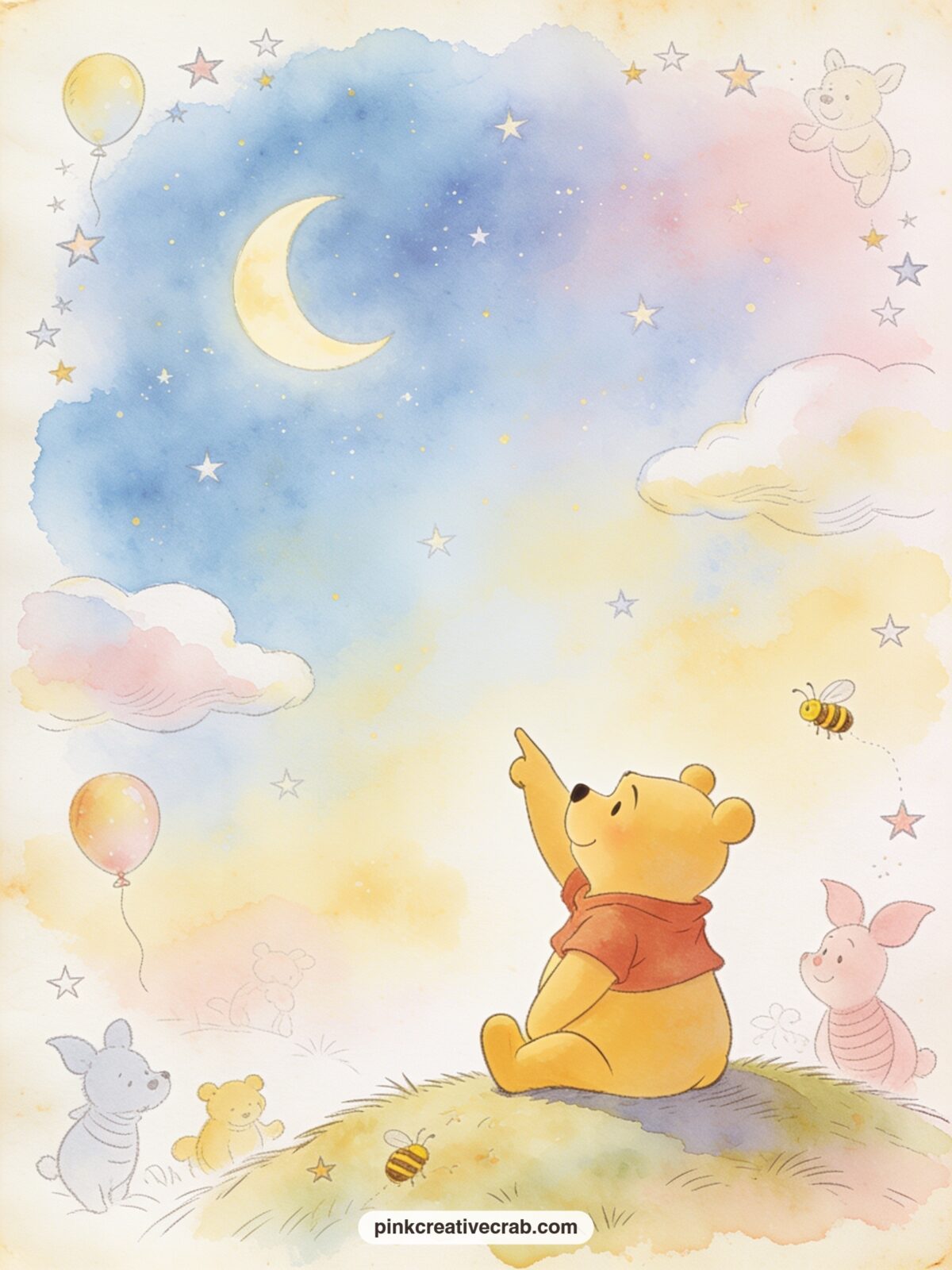 Pooh Counting Stars printable page — Place this one beside the lined page with the star border later in the set, letting the count of stars on the scene echo