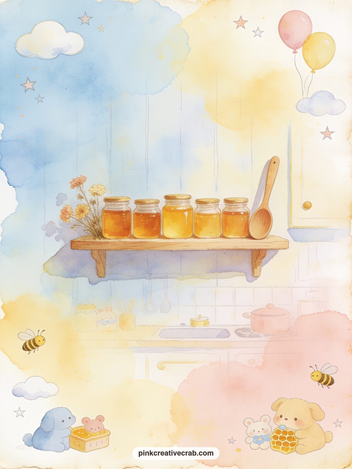 Pooh's Honey Jar Shelf printable page — A tear along the top edge of this page gives it a soft worn look that suits a honey jar shelf, as though the sheet has