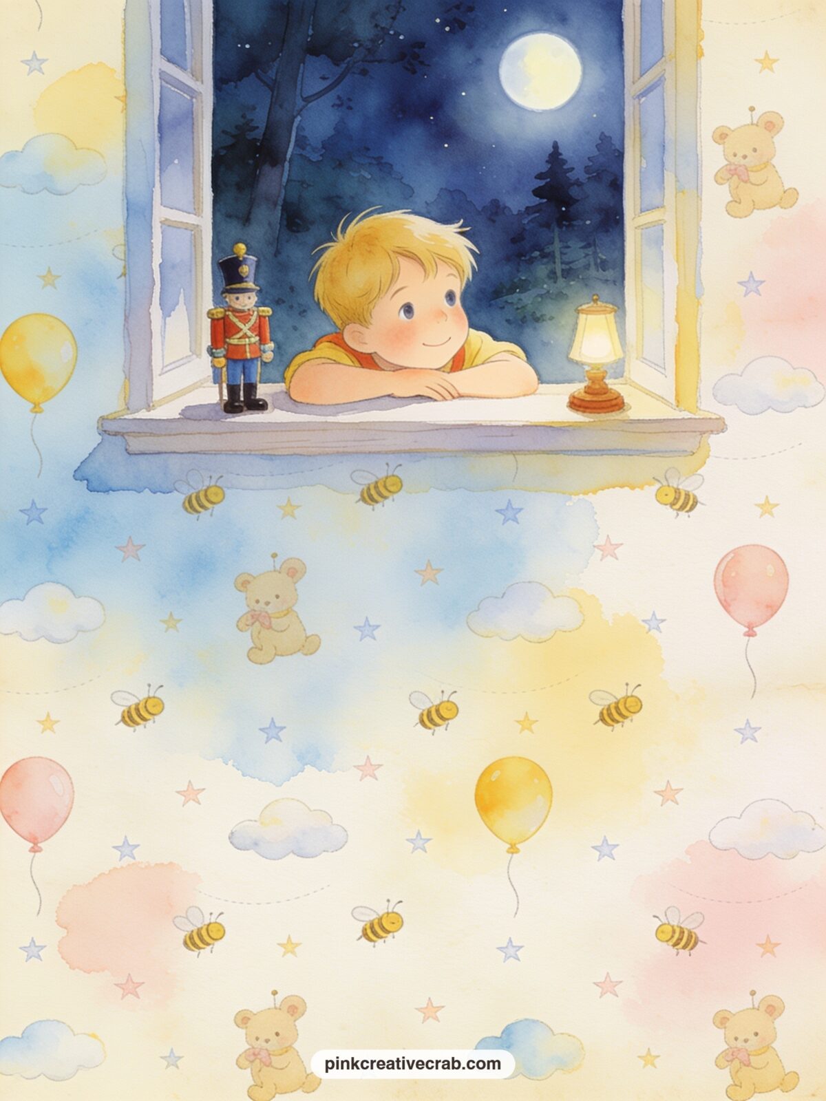 Christopher Robin's Window View printable page — Christopher Robin leans on a windowsill looking out at the Hundred Acre Wood under a soft moon, a toy soldier
