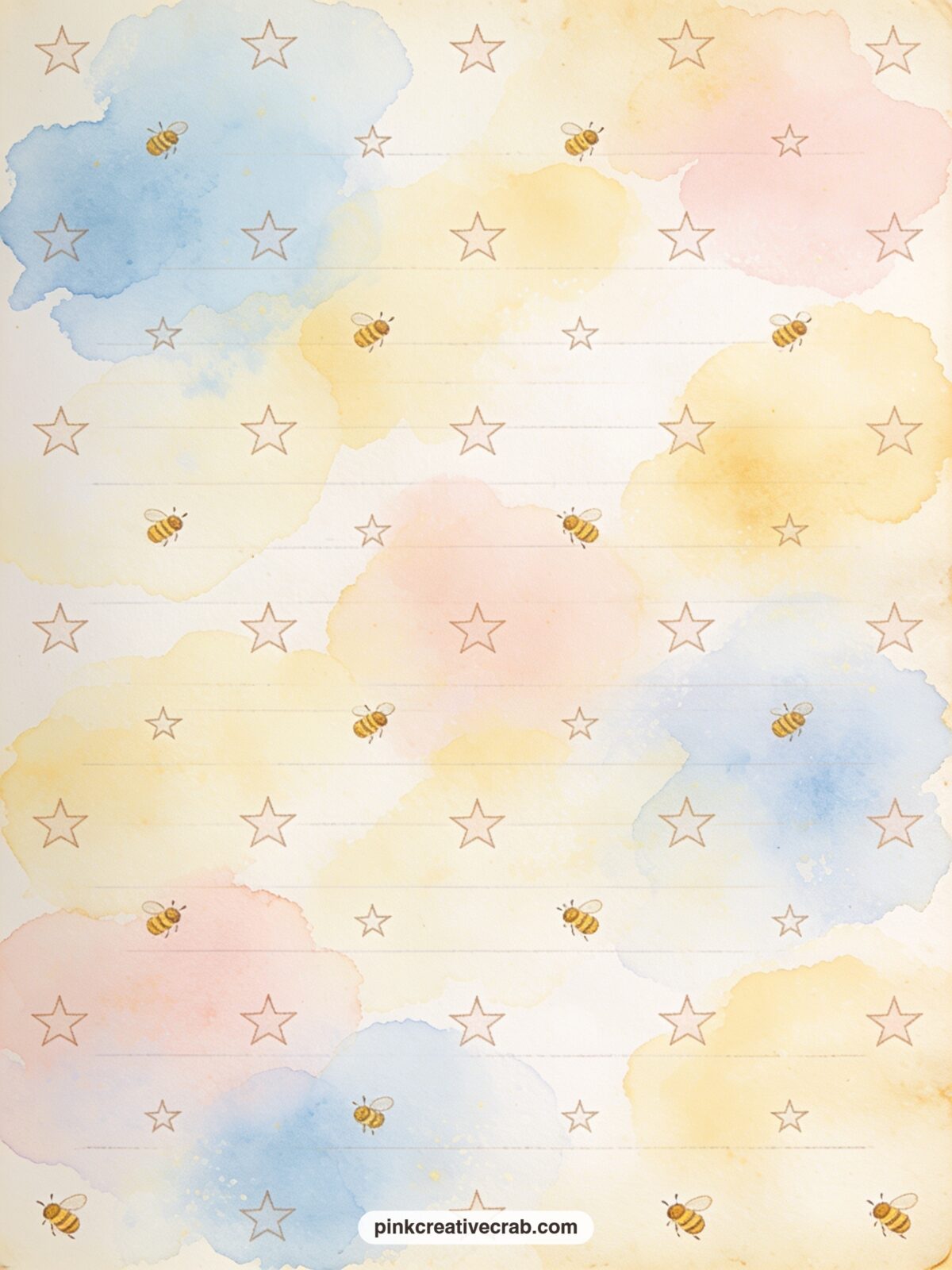 Stars And Honey Bees Pattern printable page — Small stars and tiny honey bees repeat across the whole sheet in baby blue and buttercream. Winnie the pooh junk