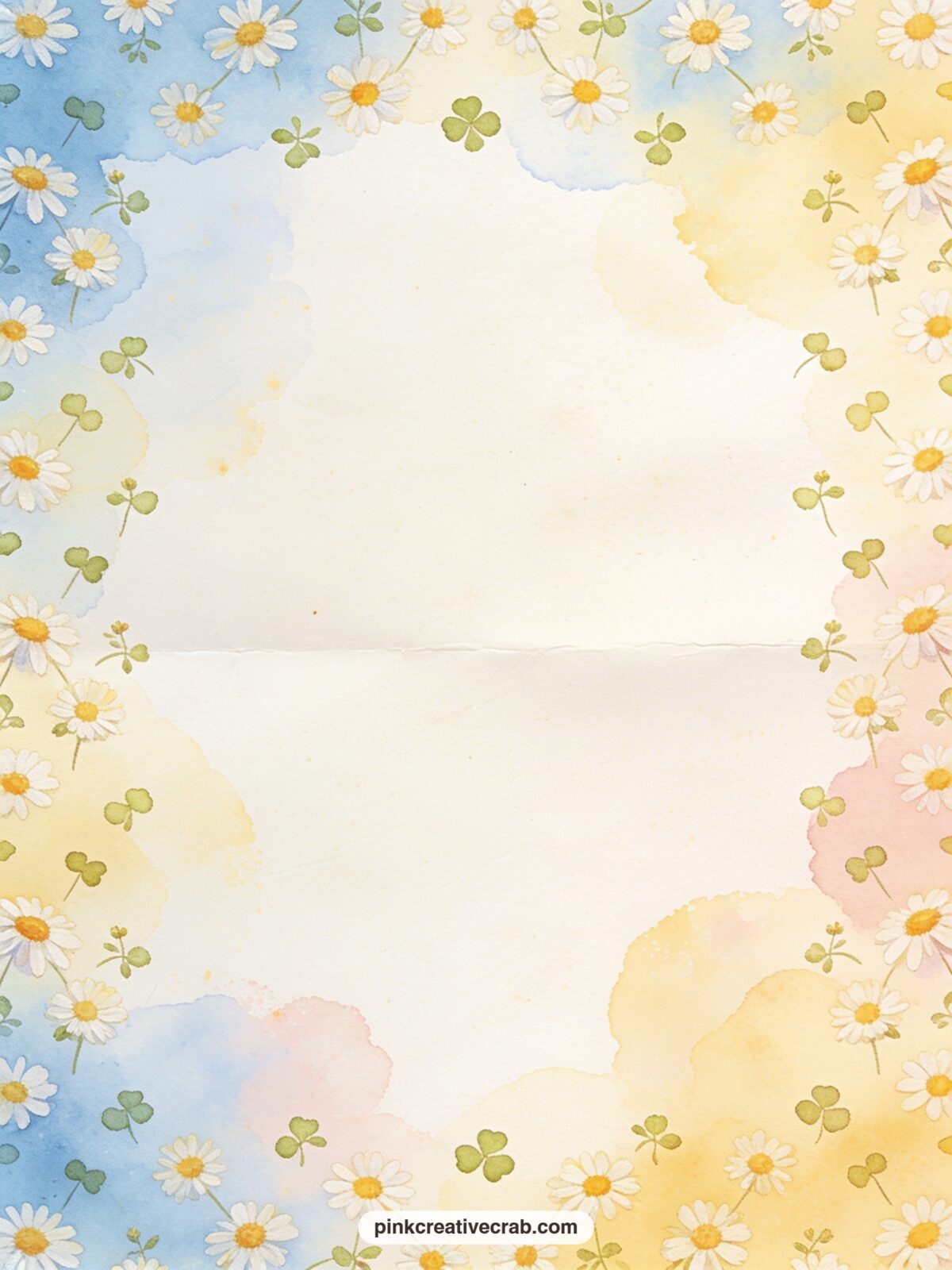 Daisy And Clover Pattern printable page — Small daisies and clover sprigs scatter evenly in mint and blush across the page. Winnie the pooh junk journal page