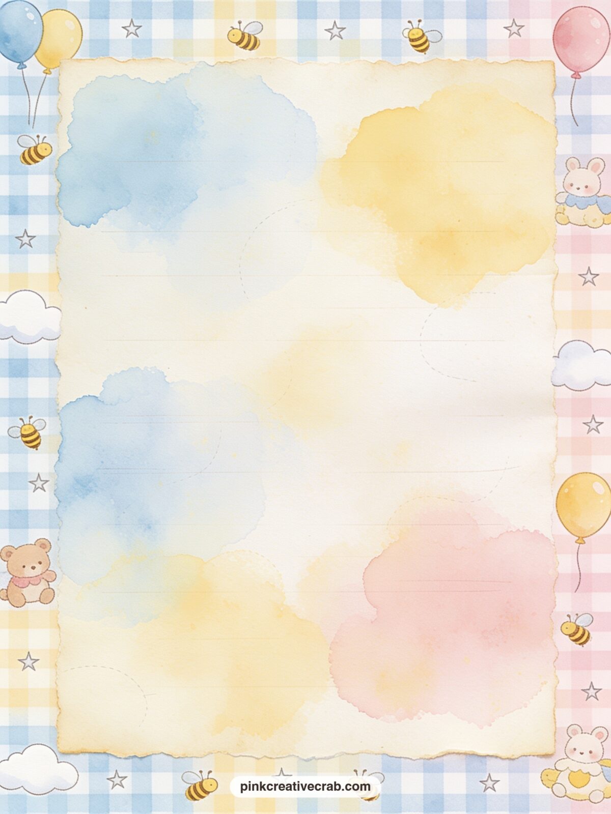 Soft Gingham Nursery Pattern printable page — A gentle pastel gingham check in buttercream and baby blue covers the sheet corner to corner. Winnie the pooh