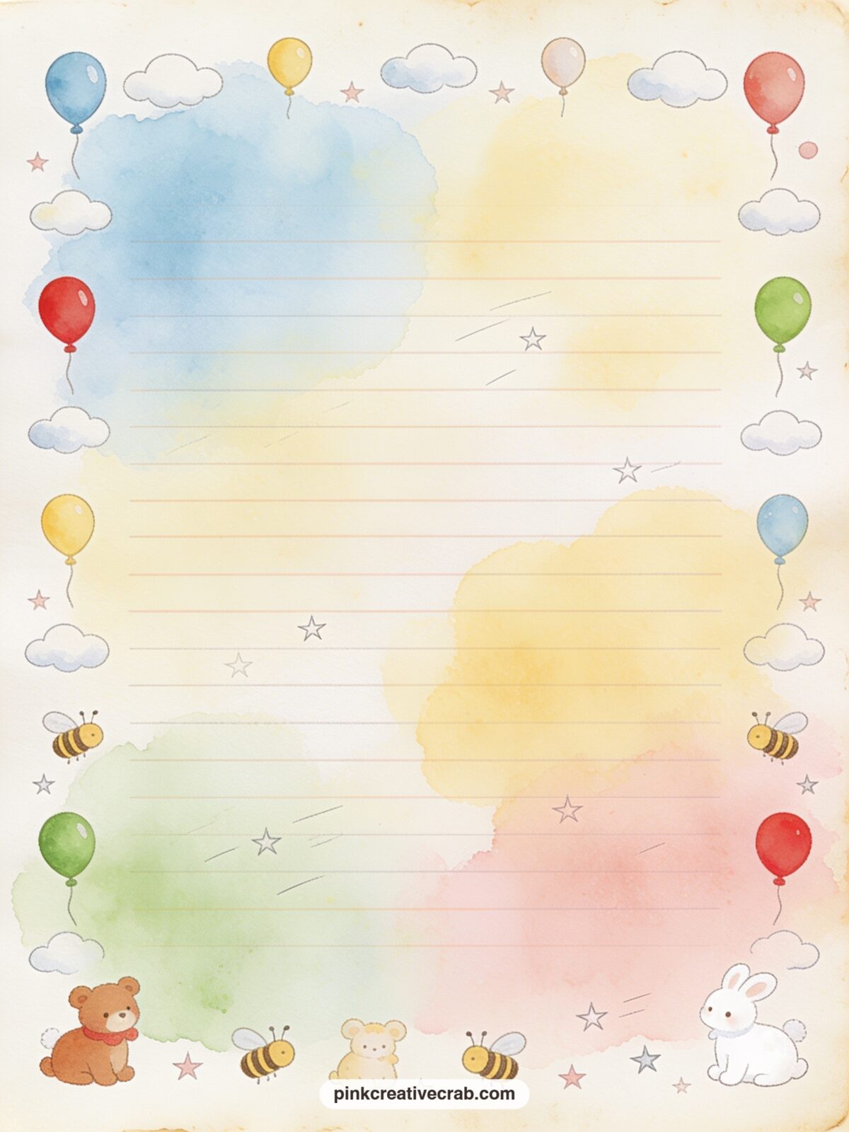 Balloon And Cloud Pattern printable page — Tiny balloons drift between small round clouds across the whole sheet. Winnie the pooh junk journal page