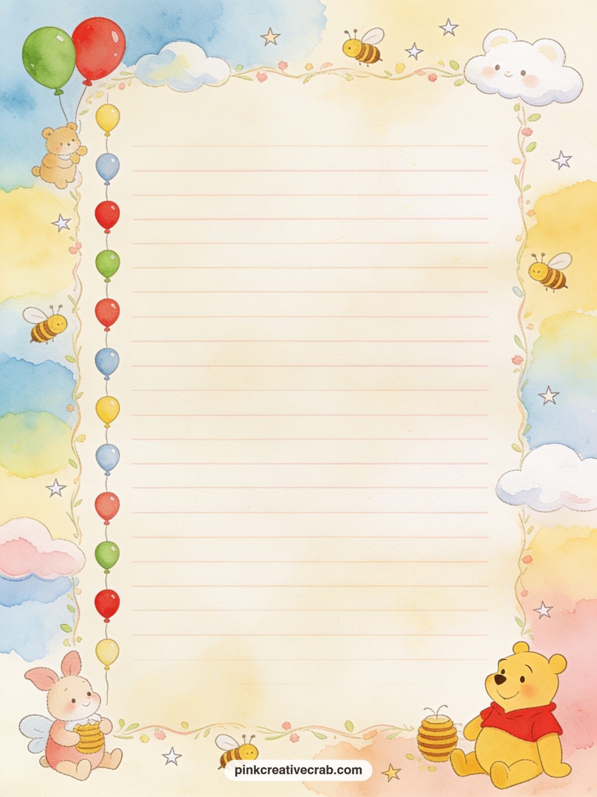 Balloon Band Lined Page printable page — A soft band of tiny balloons runs down the left side beside open ruled lines. Winnie the pooh junk journal page