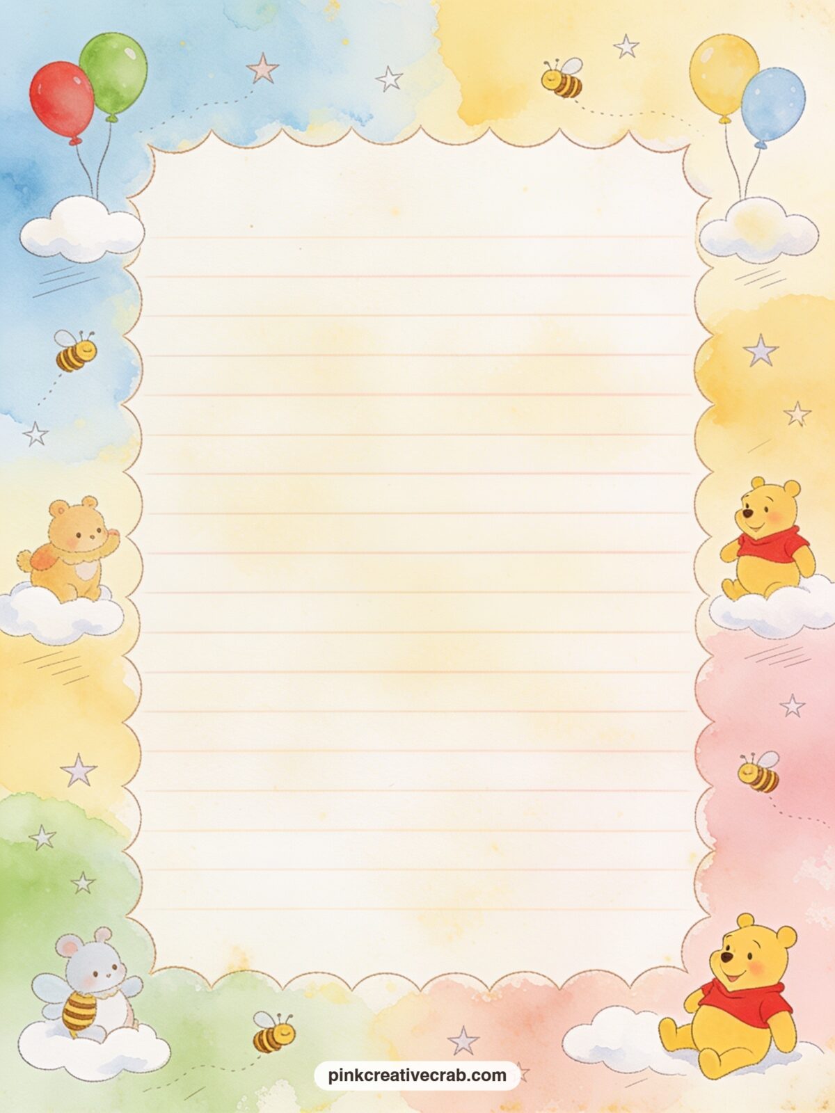Cloud Frame Lined Page printable page — A light frame of small clouds surrounds the ruled lines on all sides. Winnie the pooh junk journal page