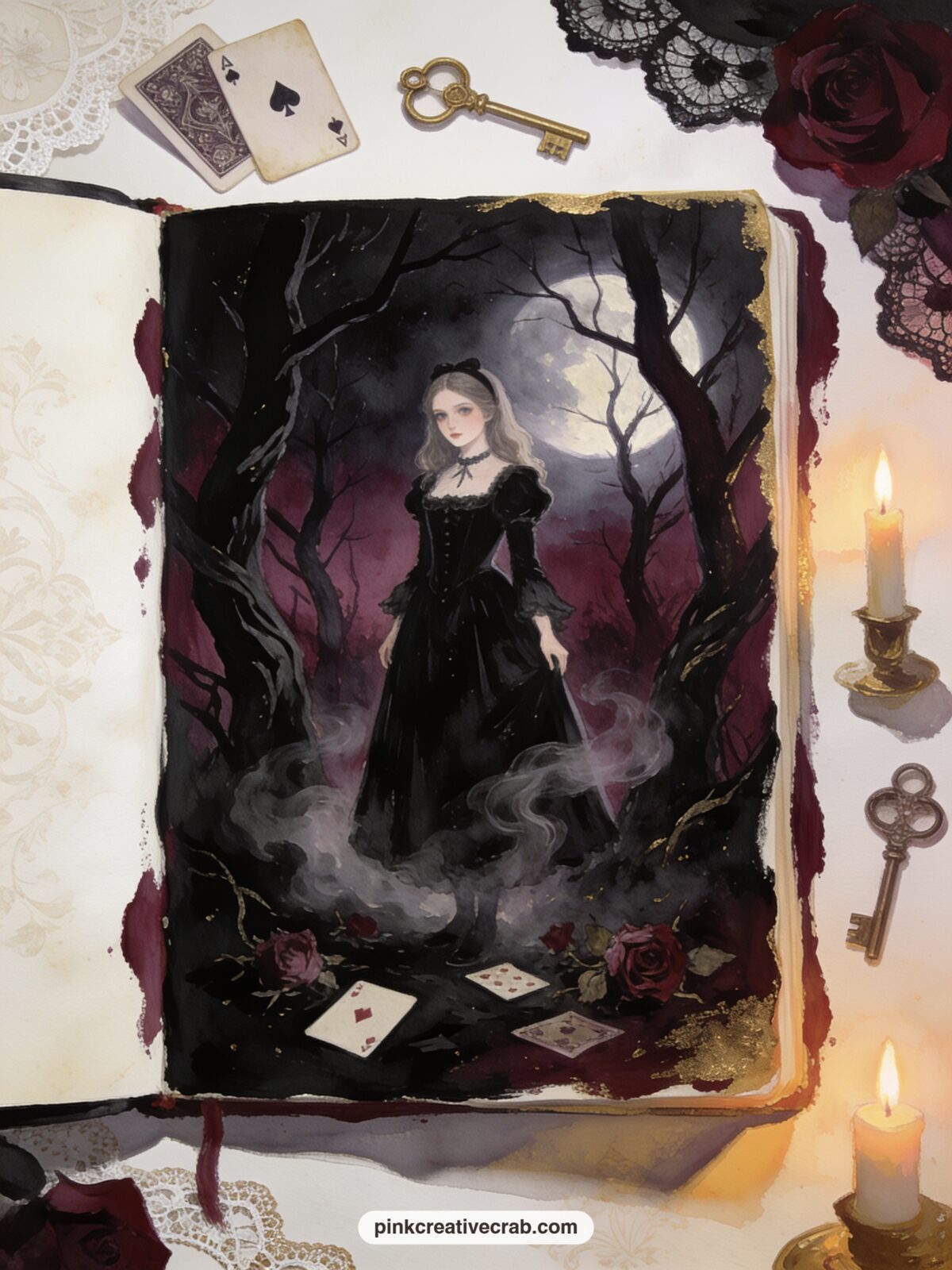 Alice Lost In The Twilight Forest printable page — Twisted black trees and a drifting fog frame Alice alone in her dark dress, more unsettled than frightened