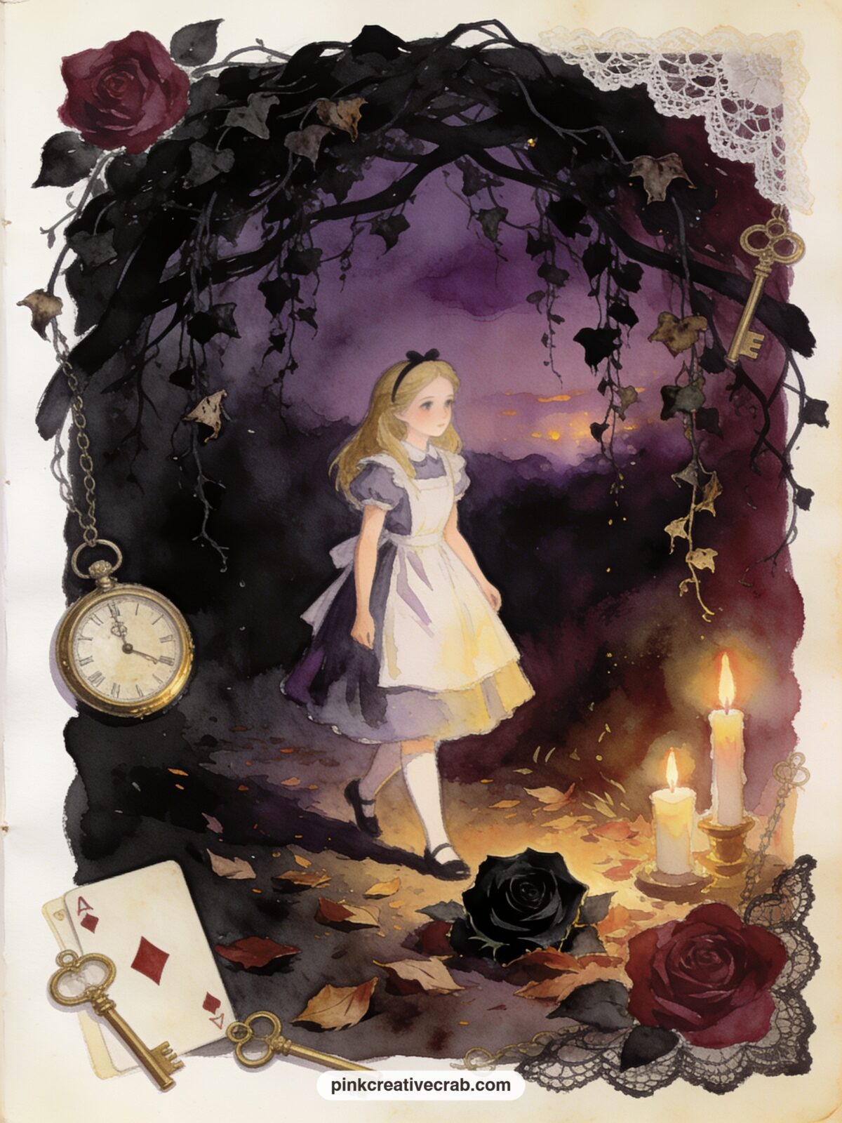 Alice Beneath The Hanging Branches printable page — Give this one a second life before you glue it down: tear the top edge roughly by hand so the branches seem